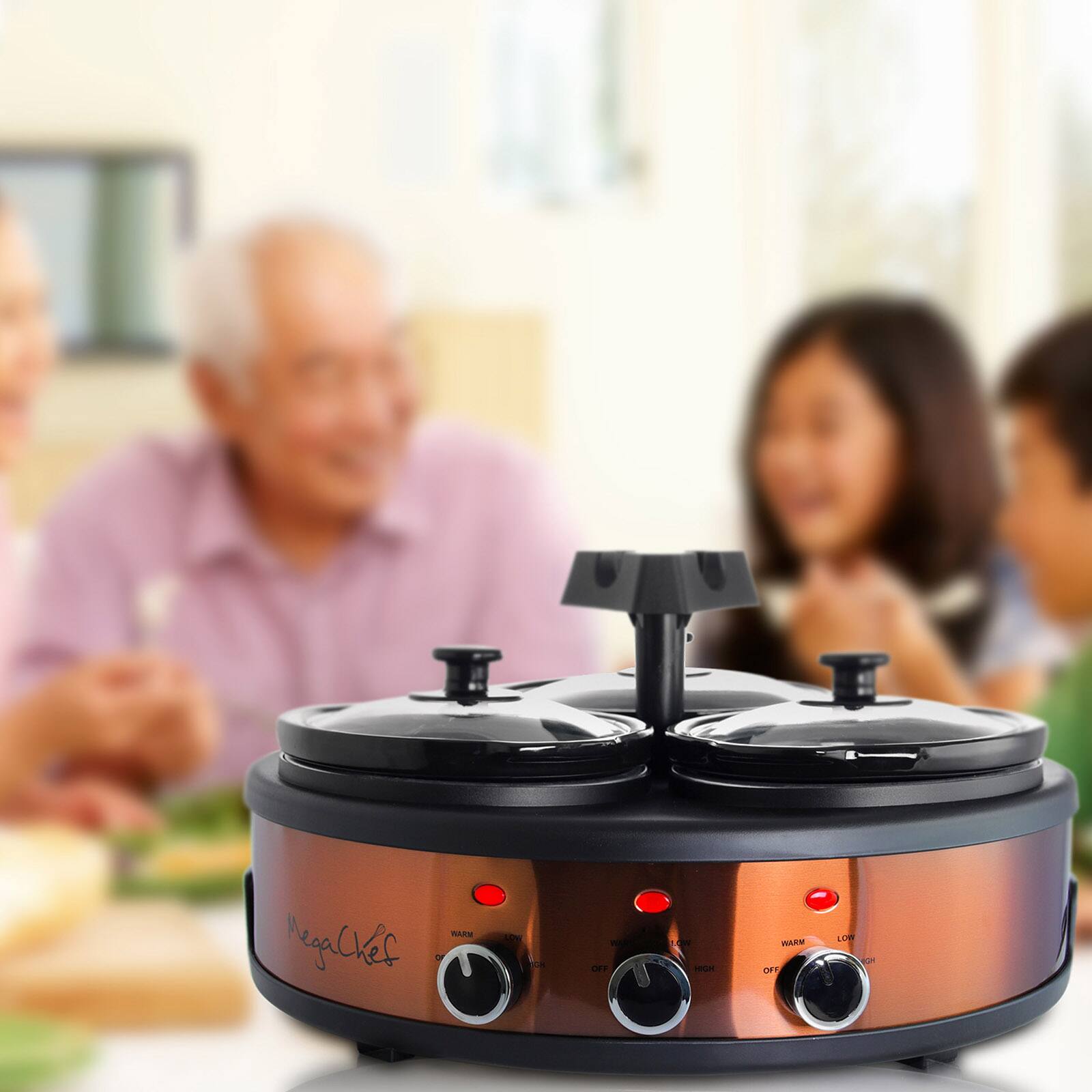 MegaChef Brushed Copper & Black Round Triple 1.5qt. Slow Cooker & Buffet Server Finish With 3 Ceramic Cooking Pots & Removable Lid Rests
