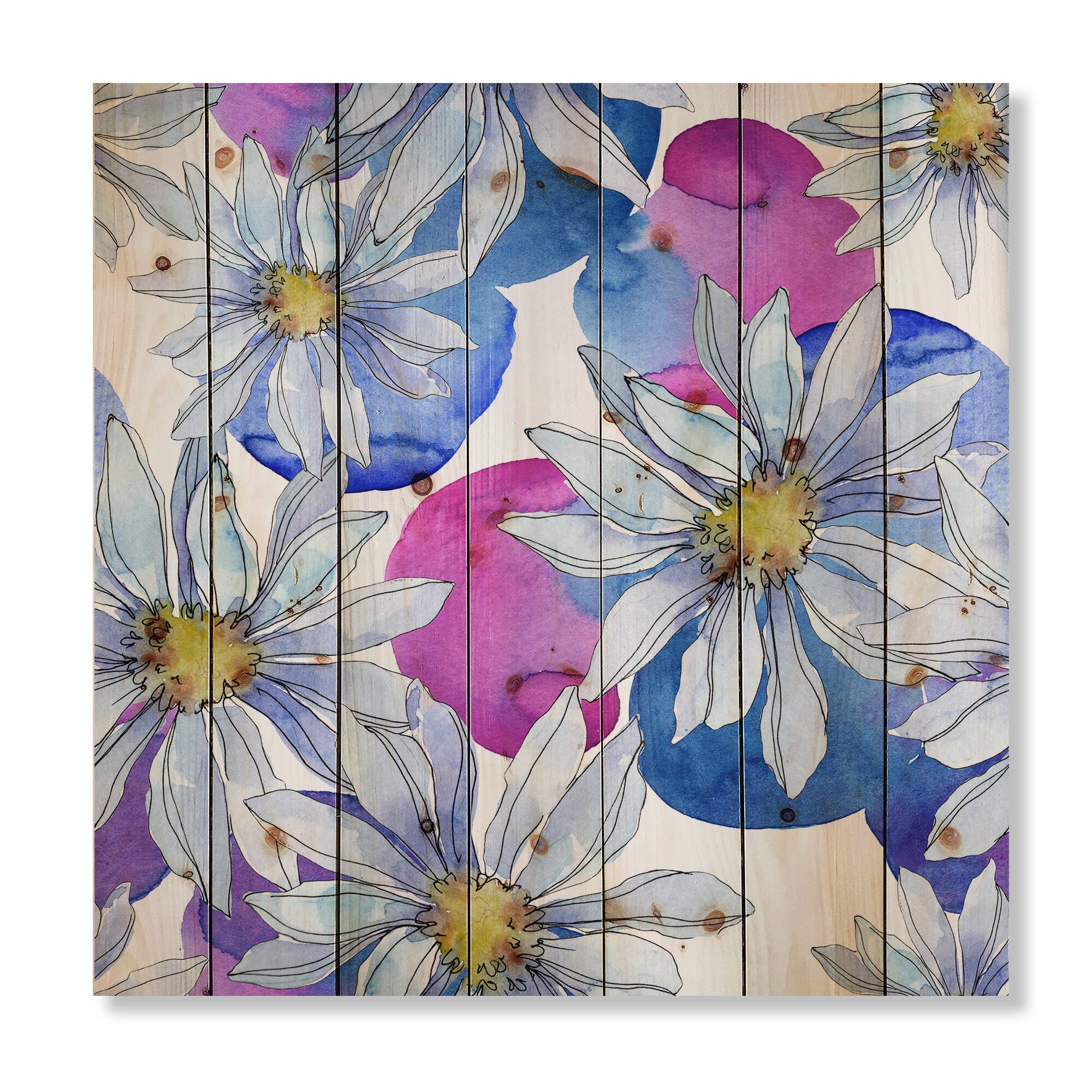 Designart - Daisies With Green Leaves I - Traditional Print on Natural Pine Wood