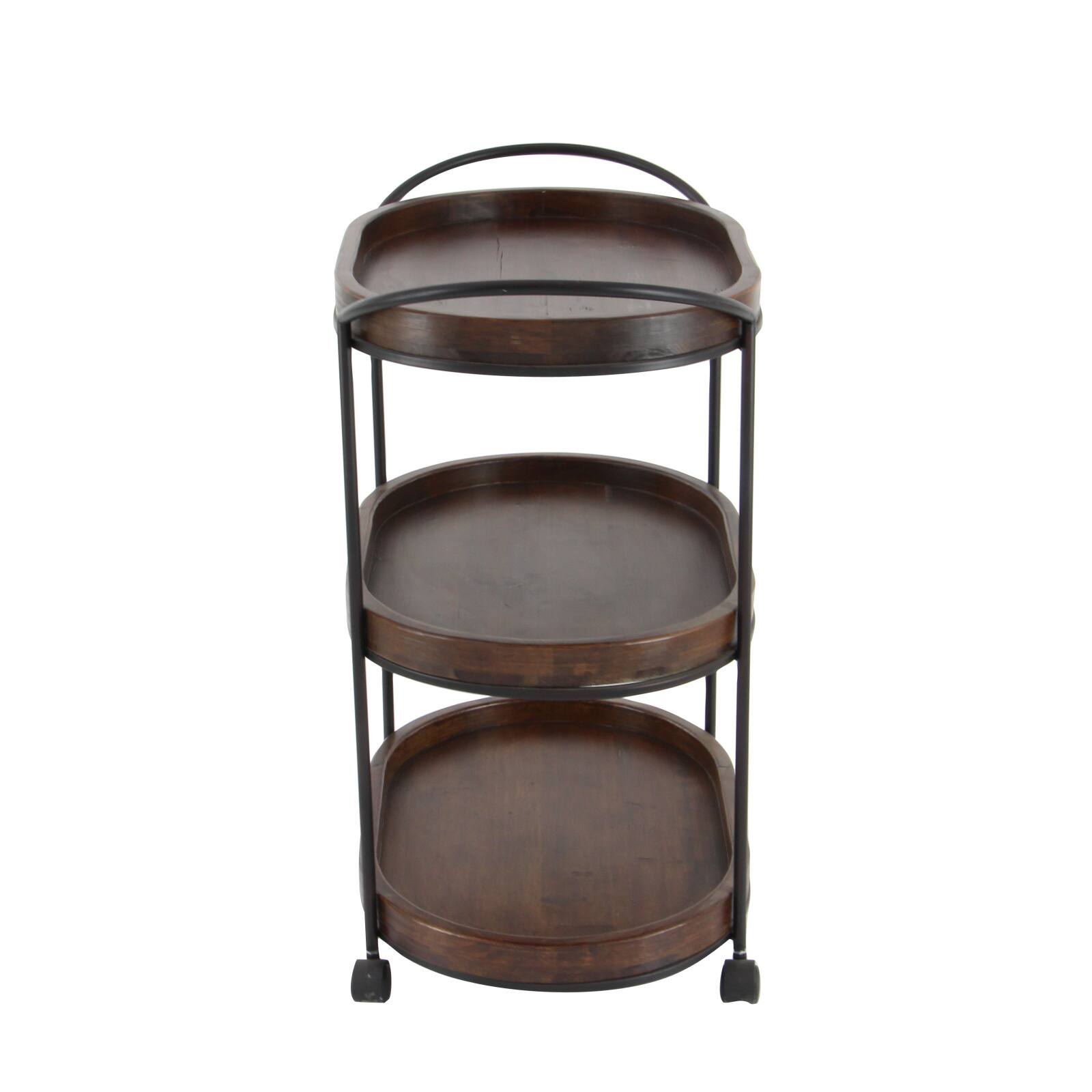 3-Tier Brown Pine & Metal Traditional Bar Cart