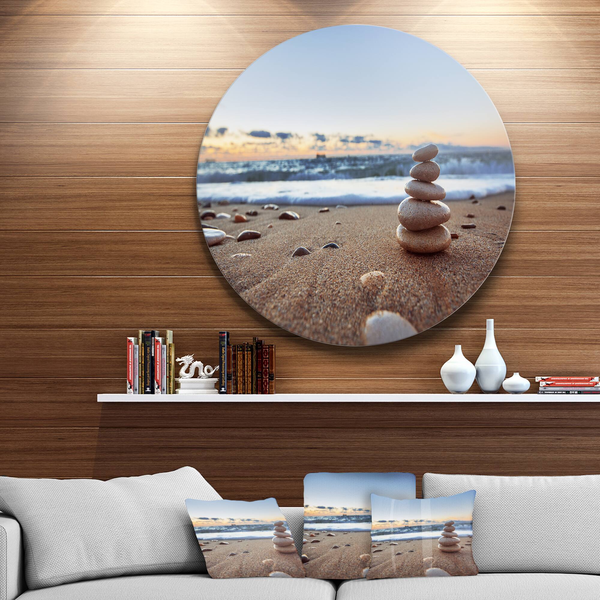 Designart - Stones Balance on Sandy Beach' Seashore Metal Circle Wall Art