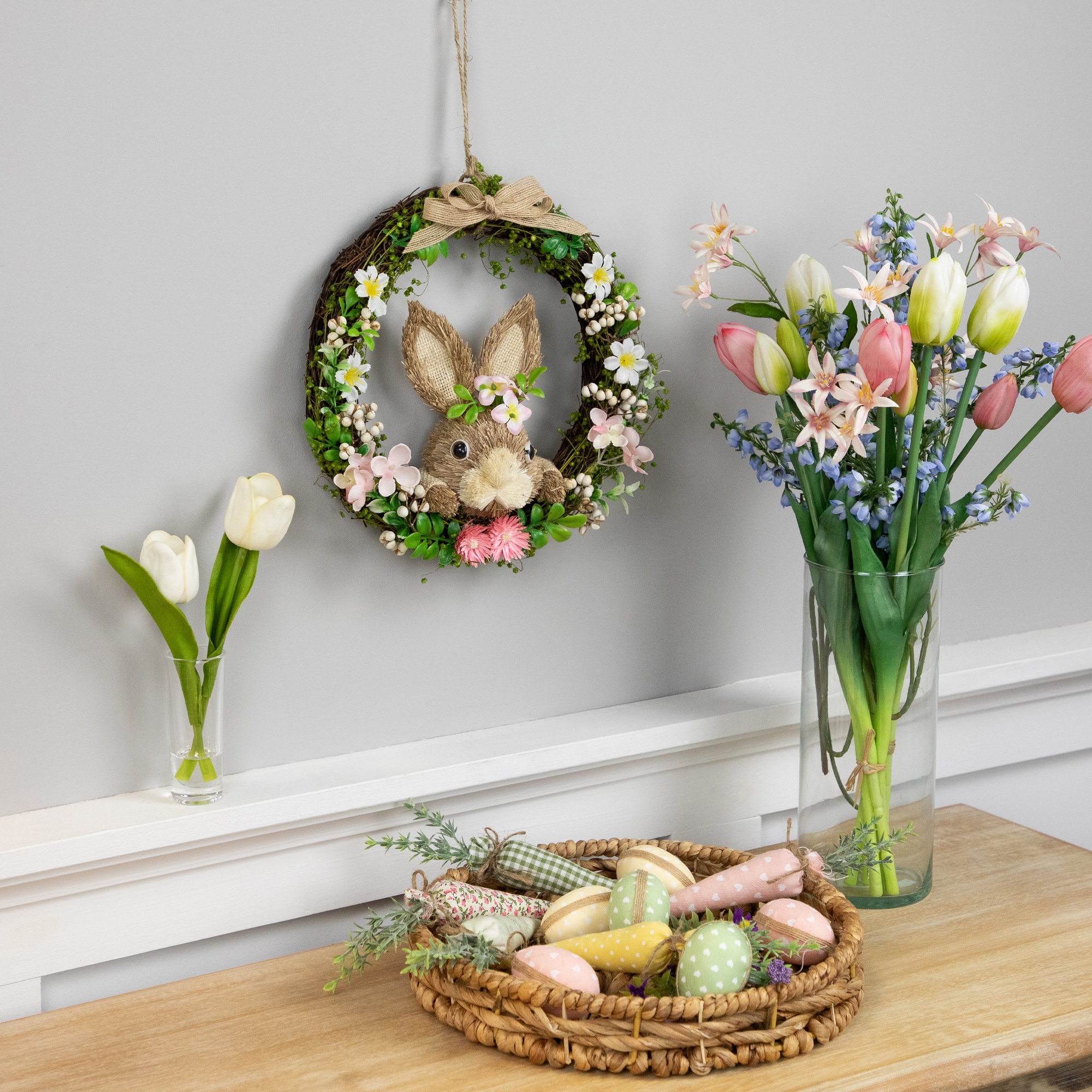 11" Green & Pink Floral Wreath with Peering Rabbit