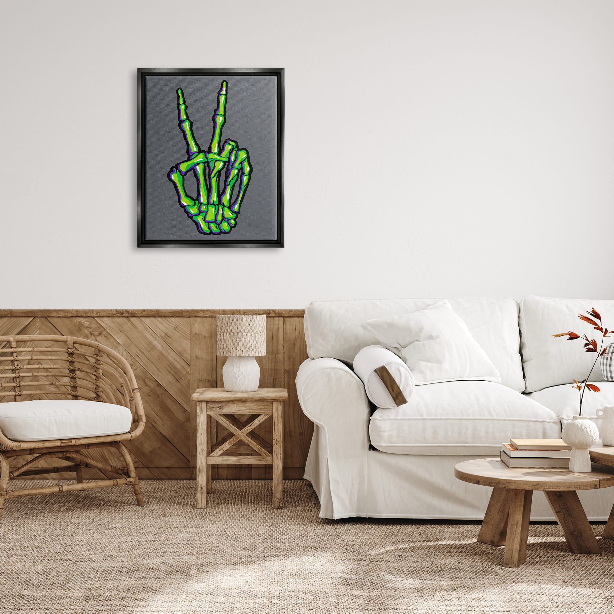 Stupell Industries Green Skeleton Peace Hand Framed Floater Canvas Wall Art