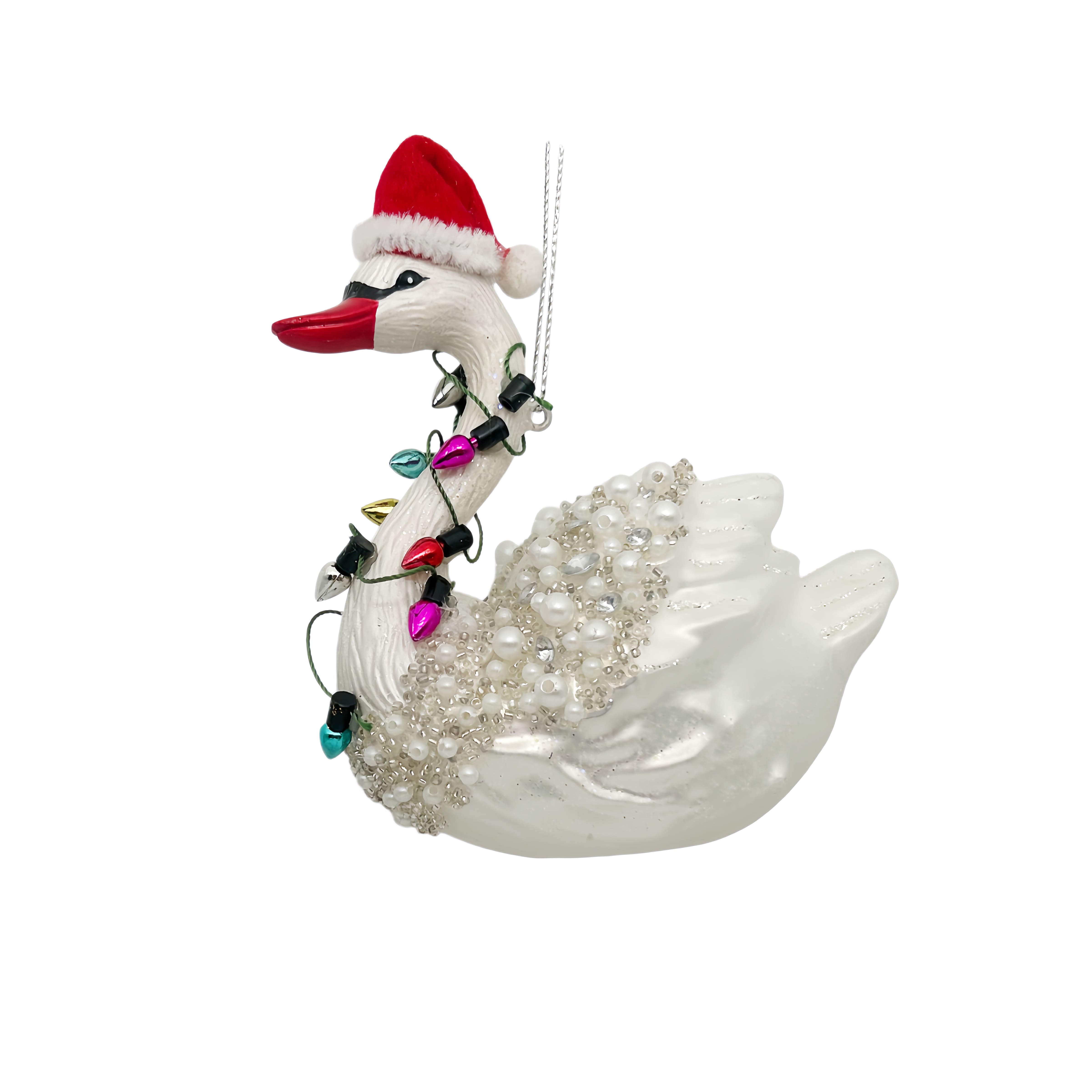 4.25" Christmas Swan with Santa Hat Glass Ornament by Ashland®