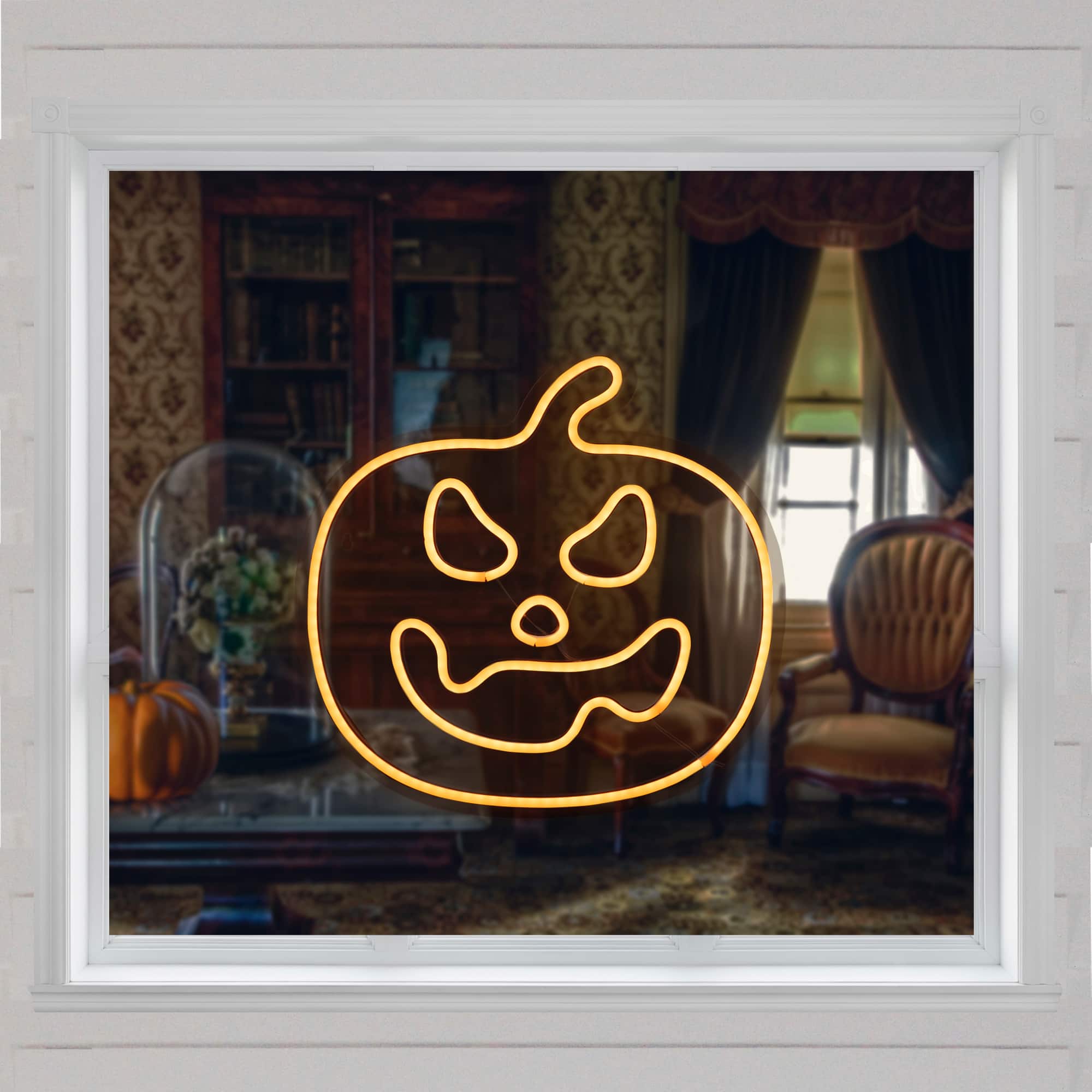 15'' Orange LED Lighted Neon Style Jack-O-Lantern Halloween Window Silhouette, One Size, Orange