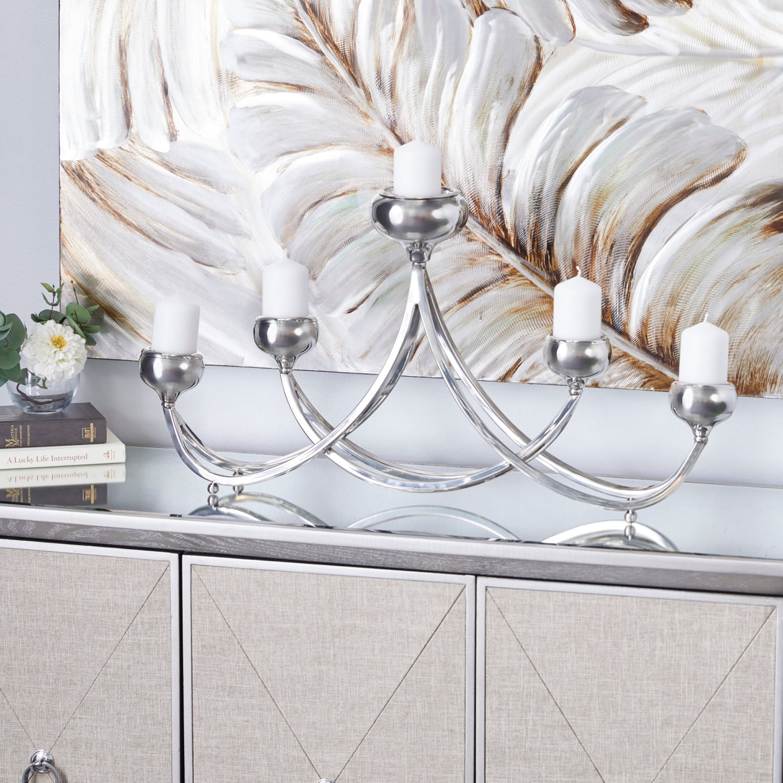 Silver Stainless Steel Candlestick Holders, 15x28x5"