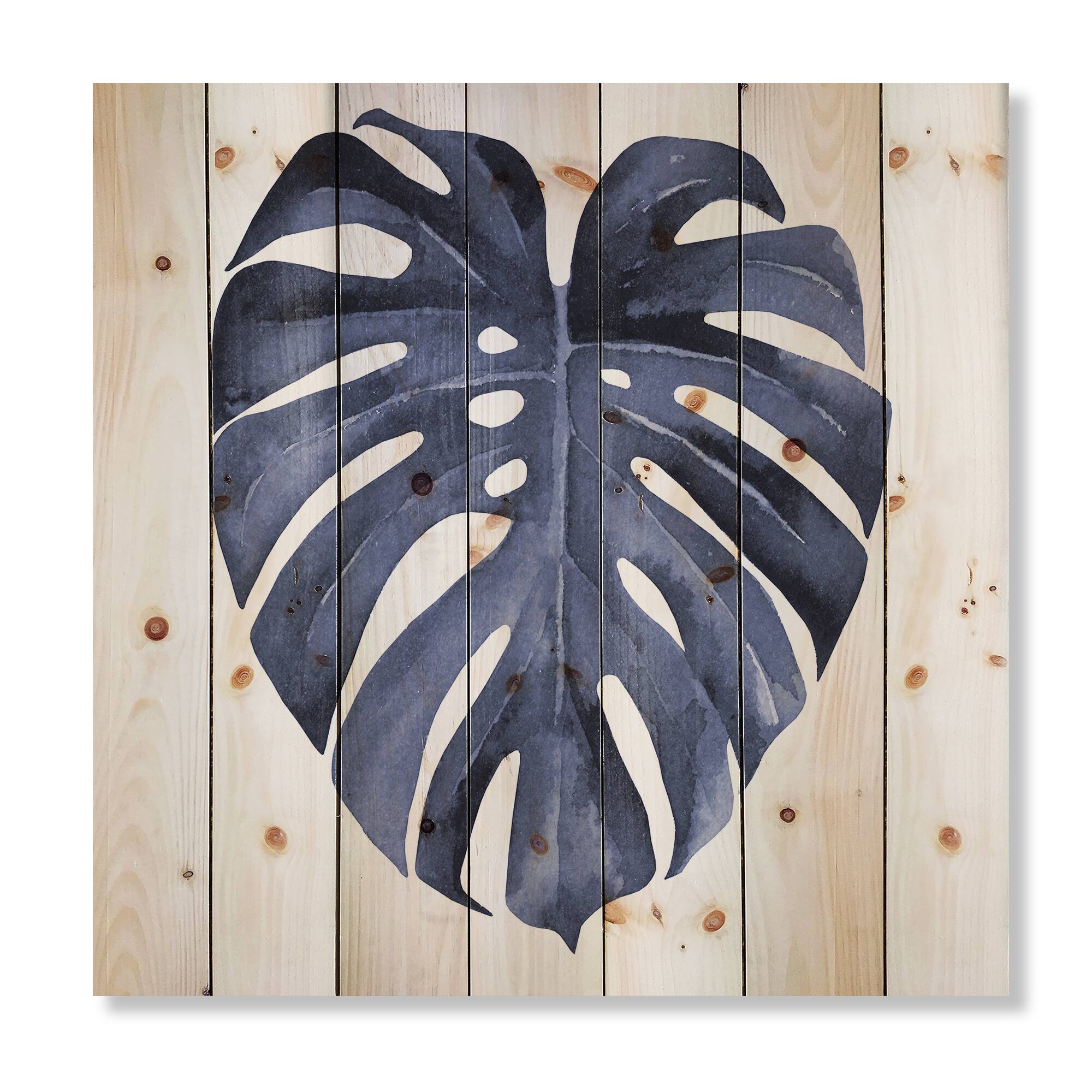 Designart - Tropical Blue Watercolour Leaves III - Traditional Print on Natural Pine Wood
