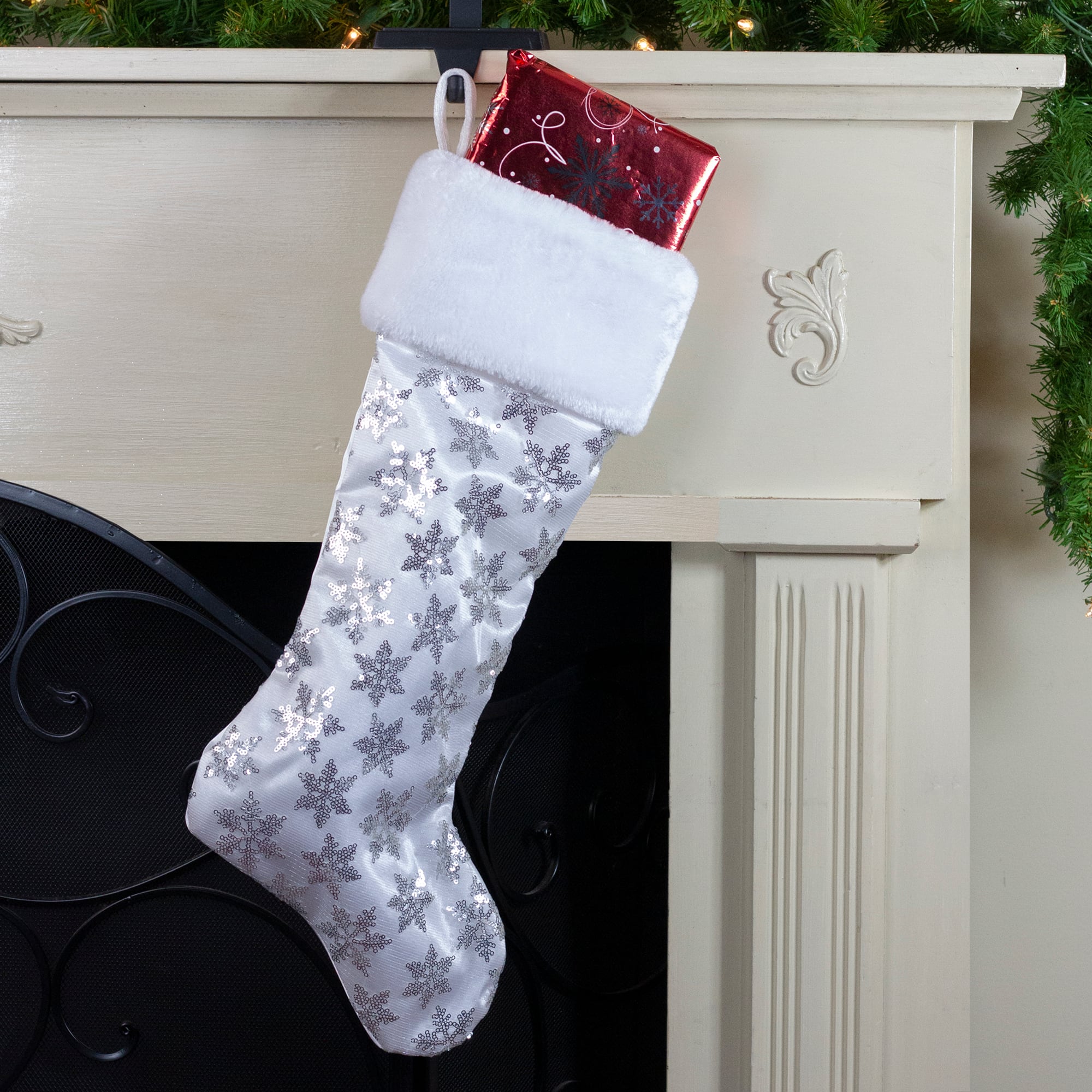 20.5" Sequin Snowflake Stocking With White Faux Fur Cuff