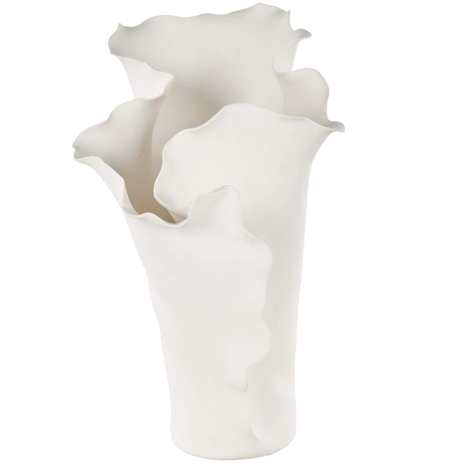 15.75" White Ceramic Abstract Floral Vase with Wavy Folded Rim