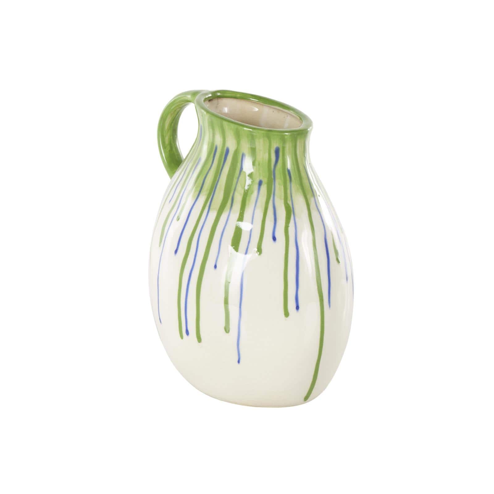 11" White, Green & Blue Drip Design Ceramic Vase with Handle