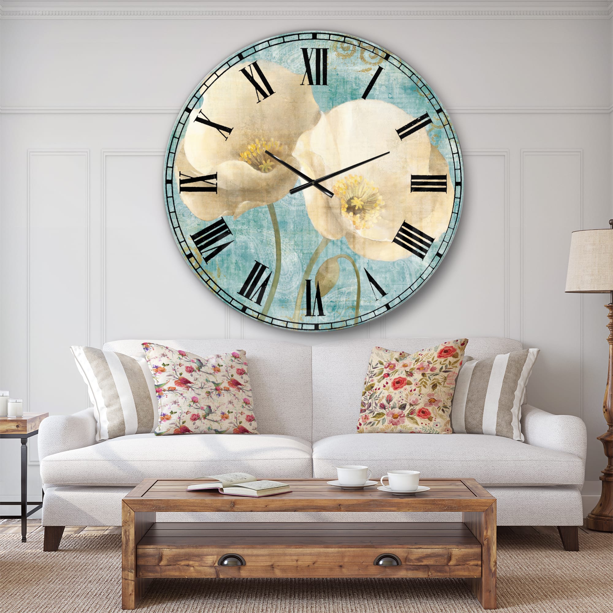 Designart Bouquet Poppies on Paisley II Farmhouse Wall Clock