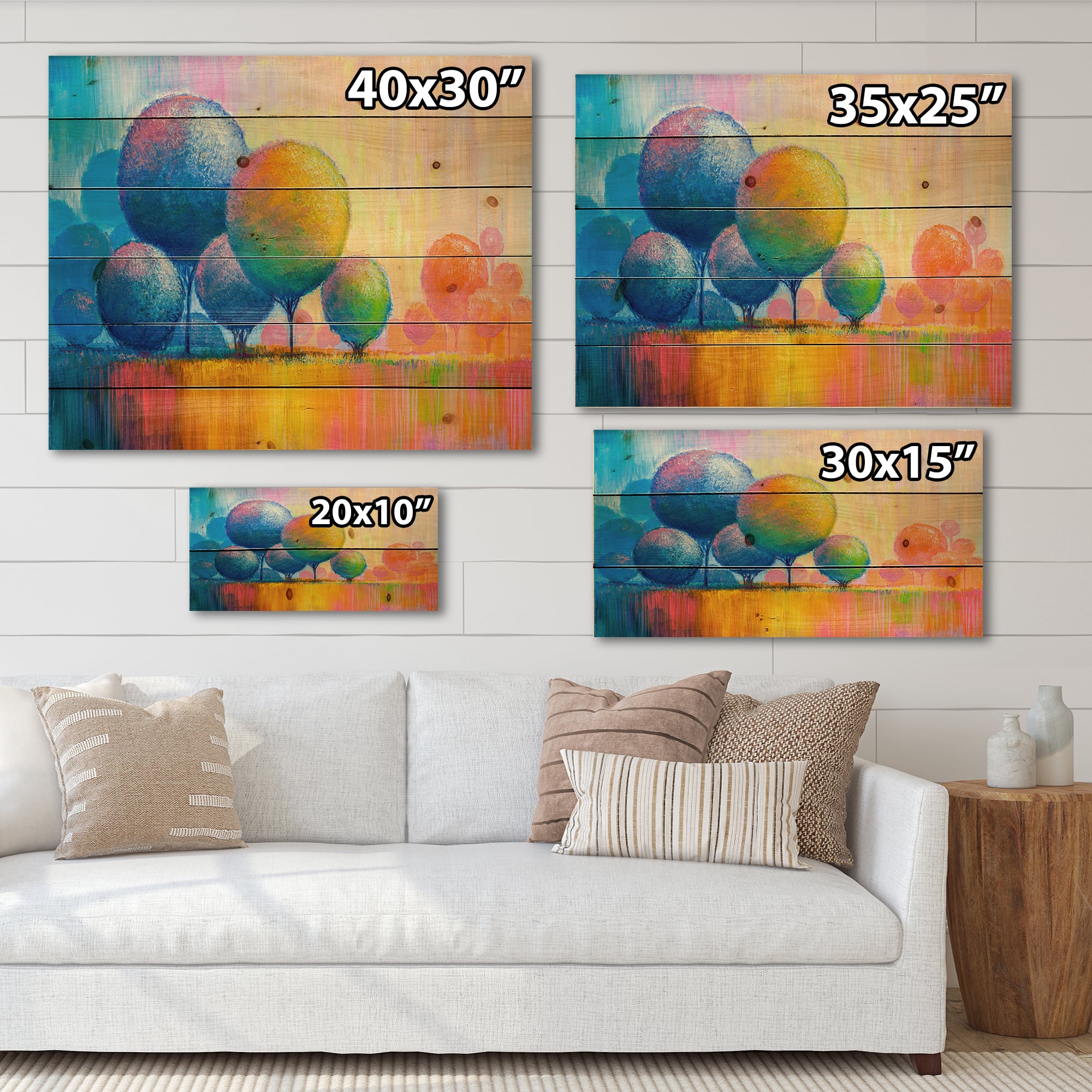Designart - Colourful Ornamental Trees VII - Modern Print on Natural Pine Wood