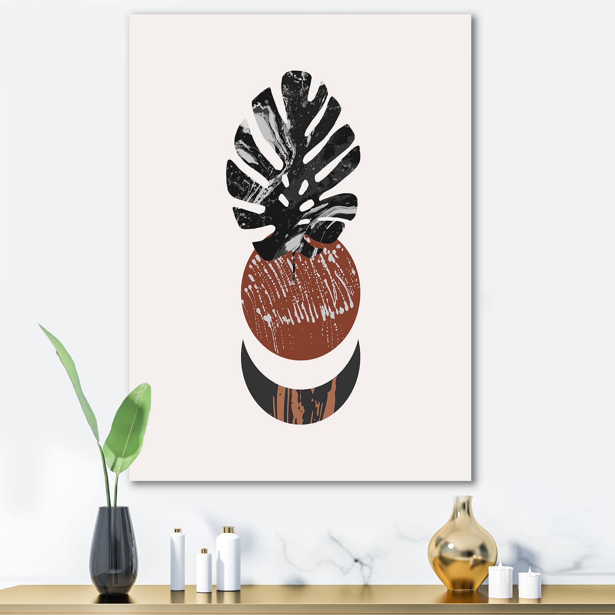 Designart - Abstact Minimal Sun, Moon & Tropical Palm Leaf II - Modern Canvas Wall Art Print