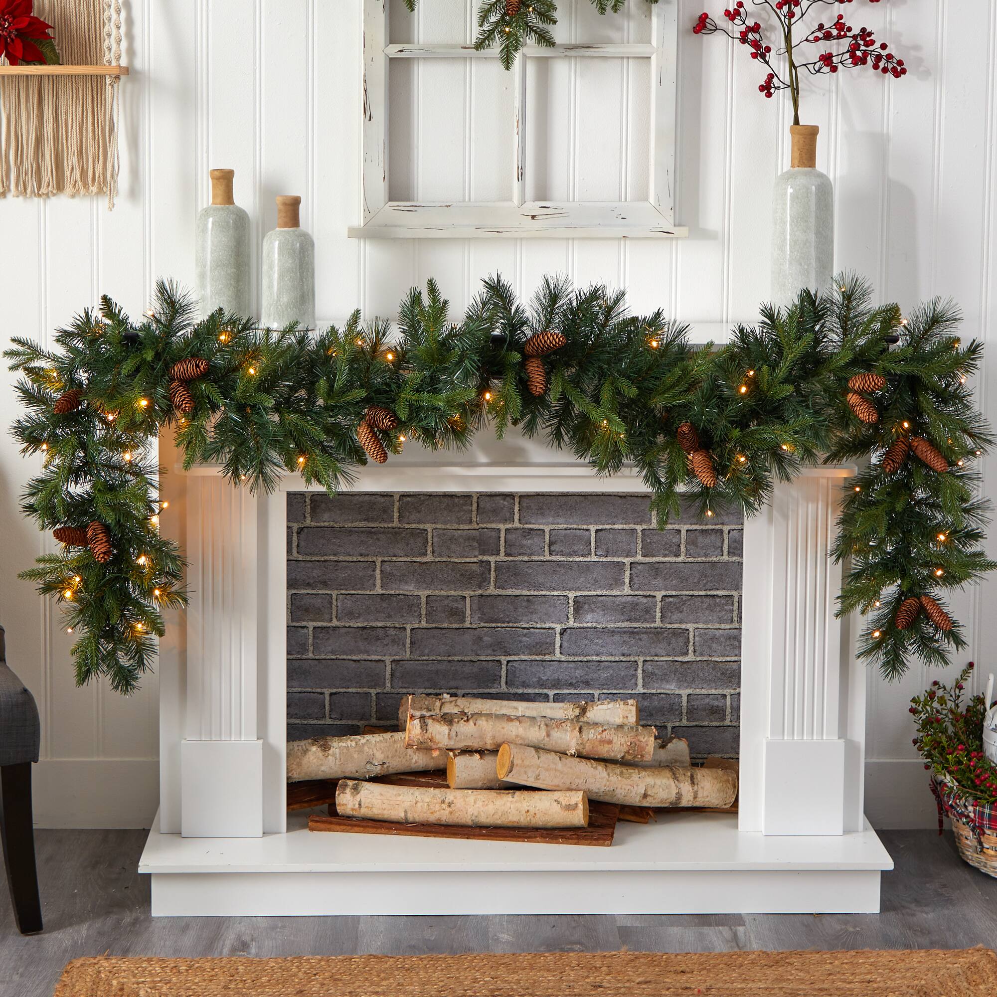 9ft. White LED Lights Mixed Pines & Pinecones Artificial Christmas Garland
