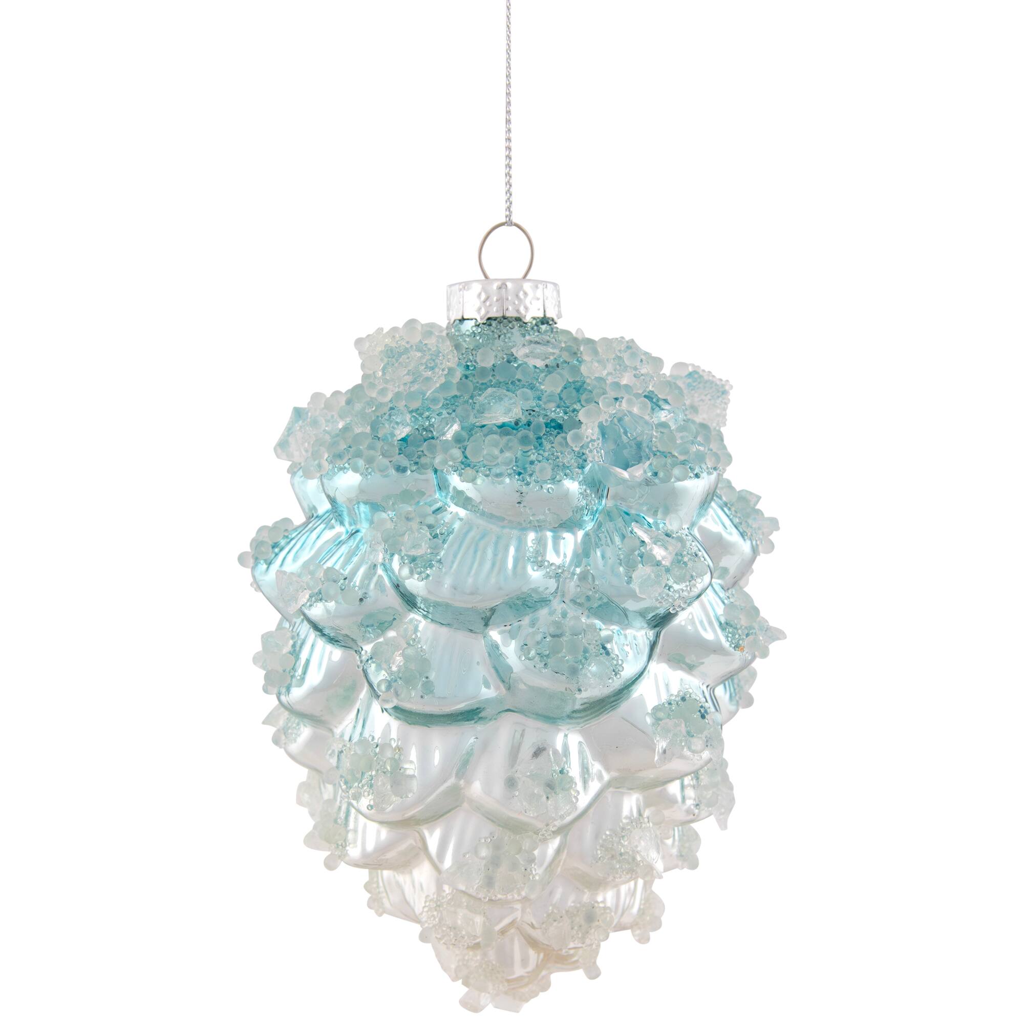 Icy Pine Cone Glass Christmas Ornament - 4.75" - Blue and White