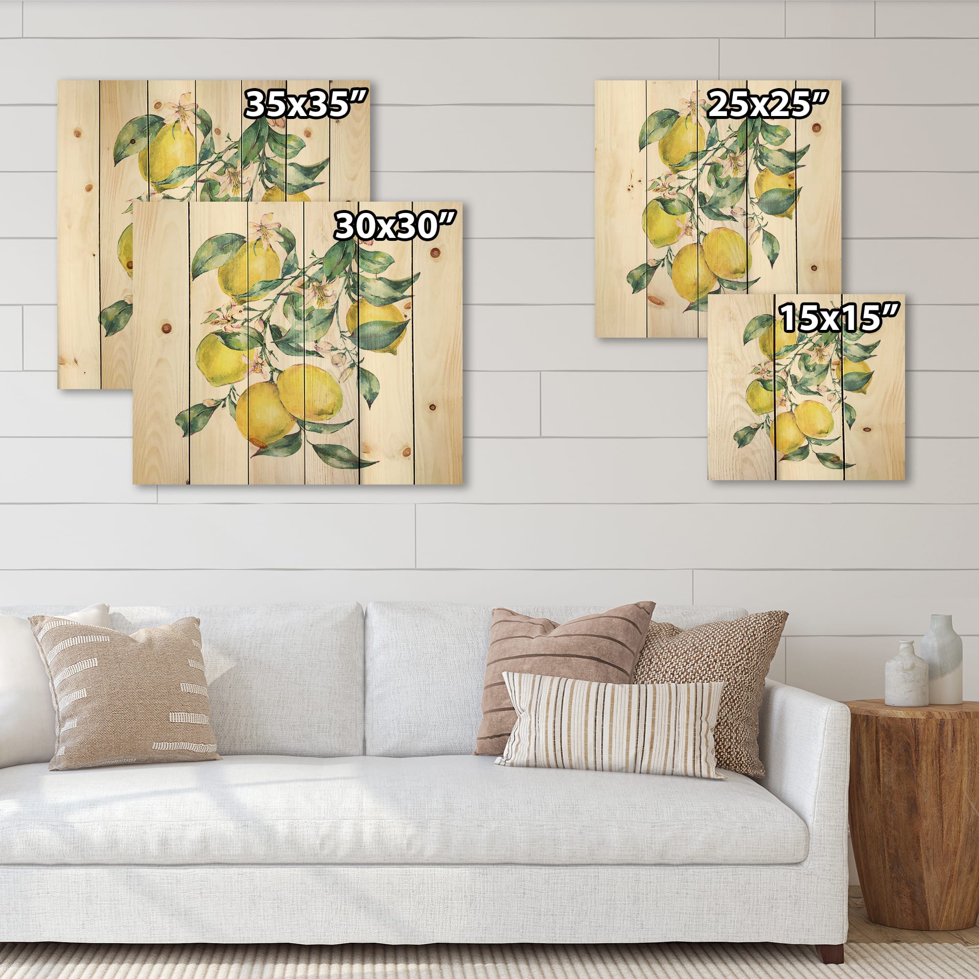 Designart - Branch of Yellow Lemons and Leaves I - Tropical Print on Natural Pine Wood
