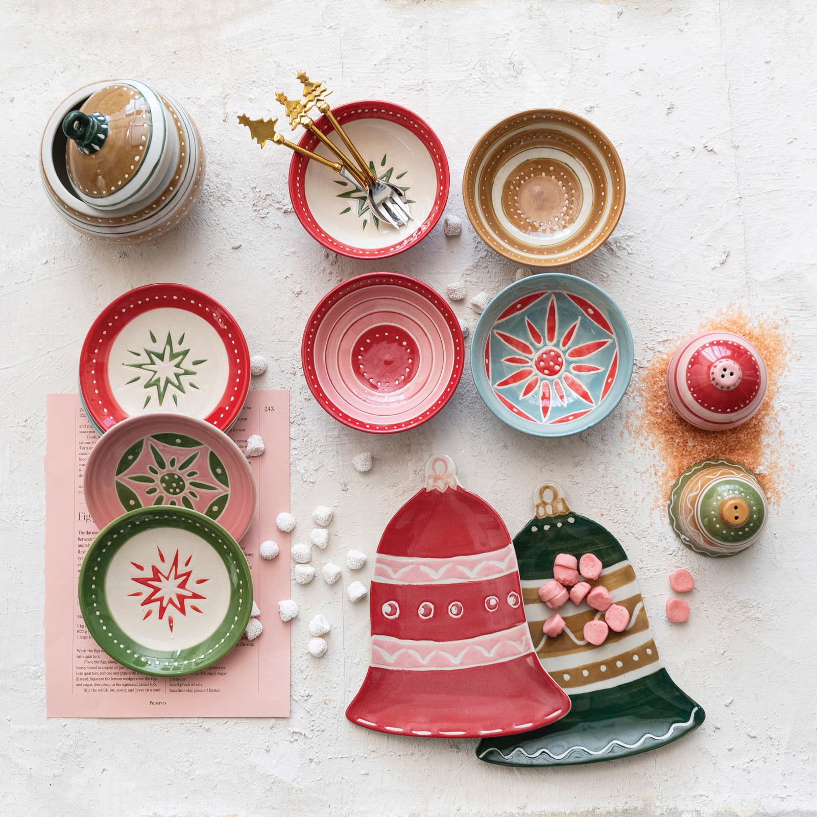 Hello Honey® 5" Hand-Painted Holiday Star Wax Relief Round Stoneware Plate Set