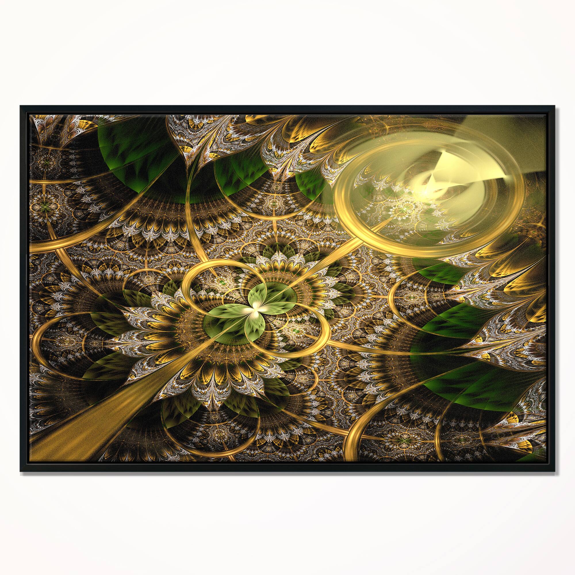 Designart - Dark Green and Gold Fractal Flower - Floral Canvas Art Print in Black Frame
