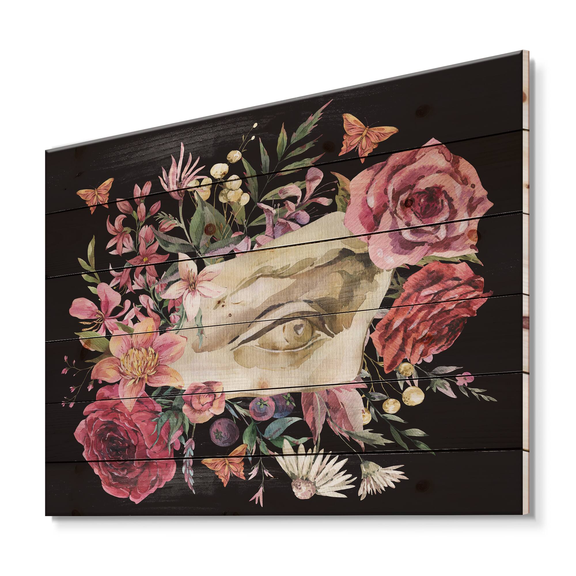 Designart - Greek Sculpture David Eye With Dried Wildflowers - Farmhouse Print on Natural Pine Wood