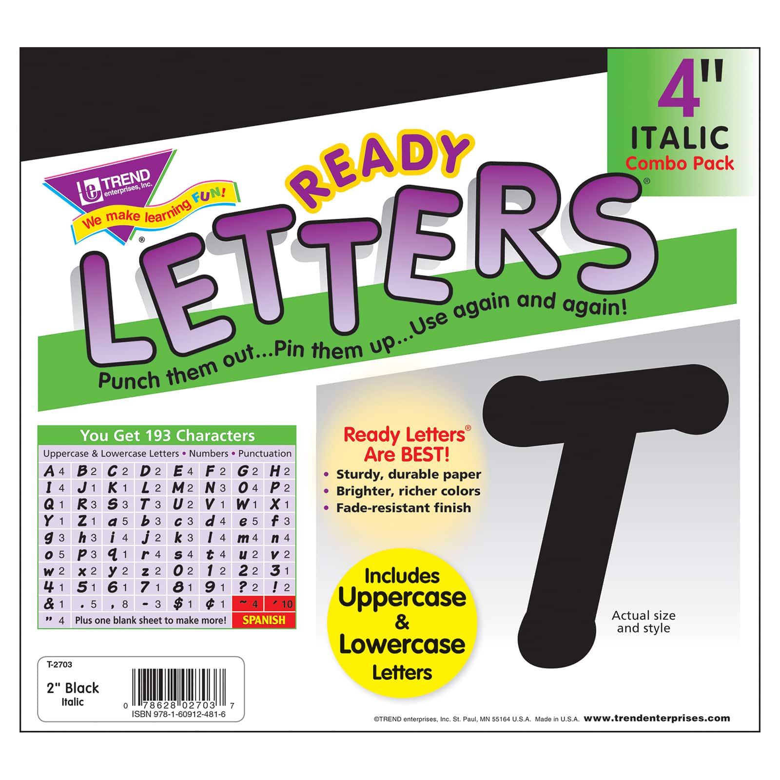 TREND Enterprises® Black 4" Italic Uppercase/Lowercase Ready Letters® Combo Pack, 3 Packs of 582