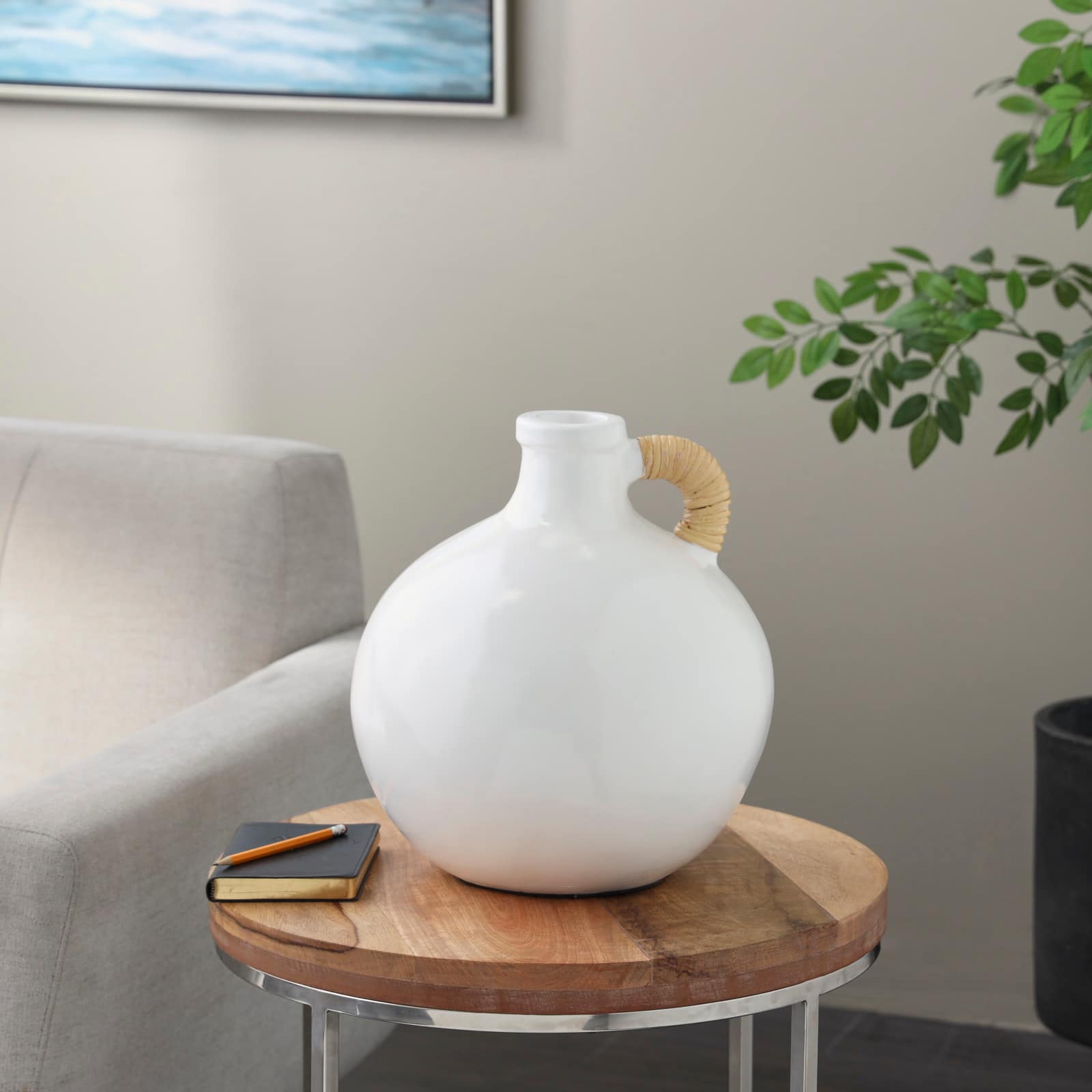 13" White Ceramic Jug Inspired Vase with Rattan Wrapped Handle