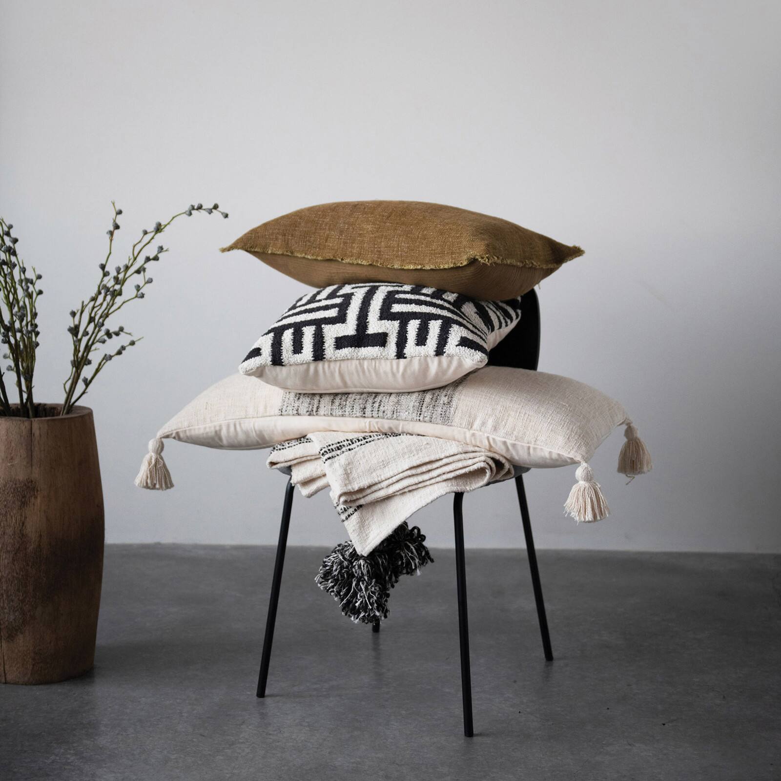 Hello Honey® Cream Lumbar Pillow with Tassels & Variegated Gray Yarns