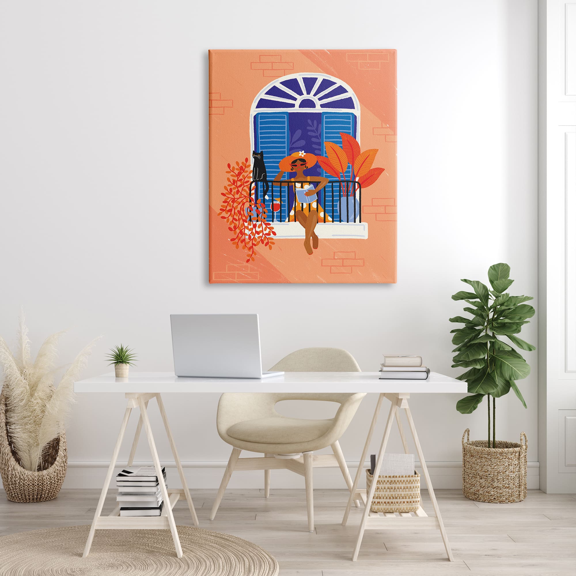 Stupell Industries Woman Reading Balcony Perched Cat Tropical Plants Canvas Wall Art