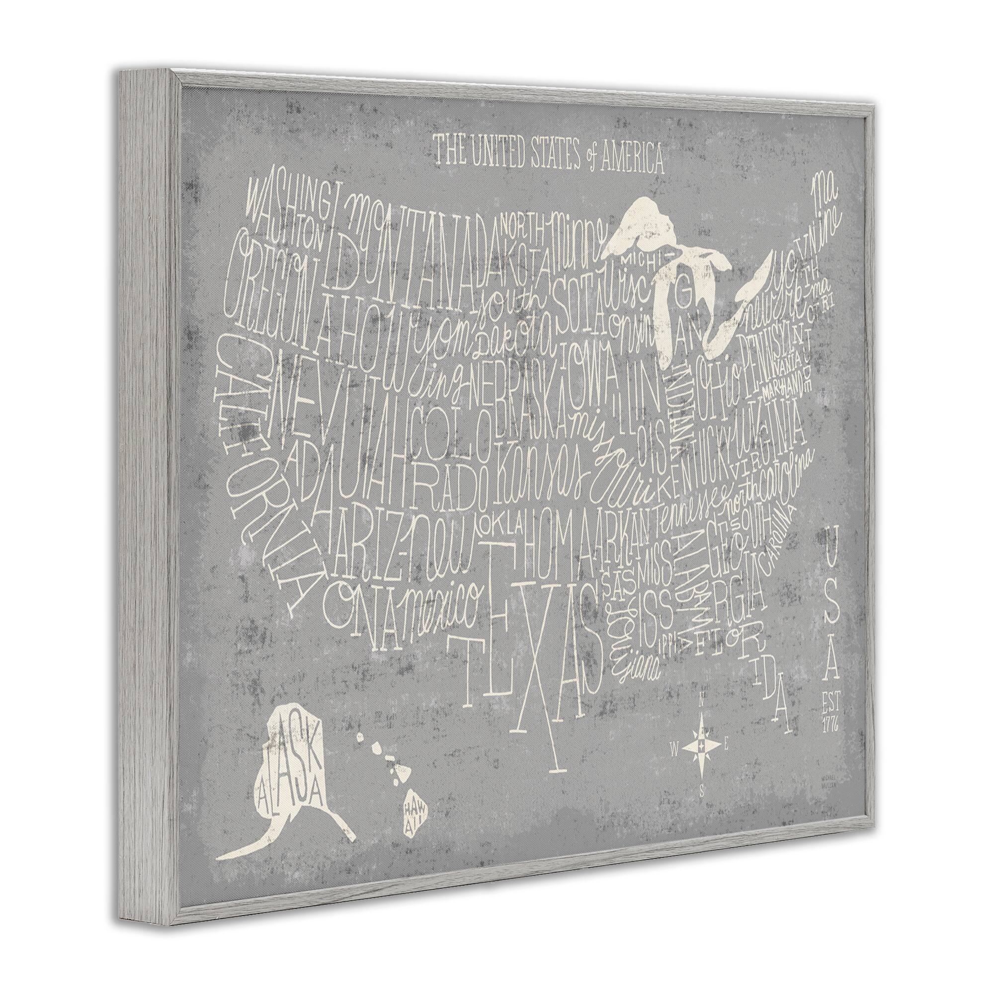 Stupell Industries Grey Distressed US Map Playful Typography Framed Giclee Art