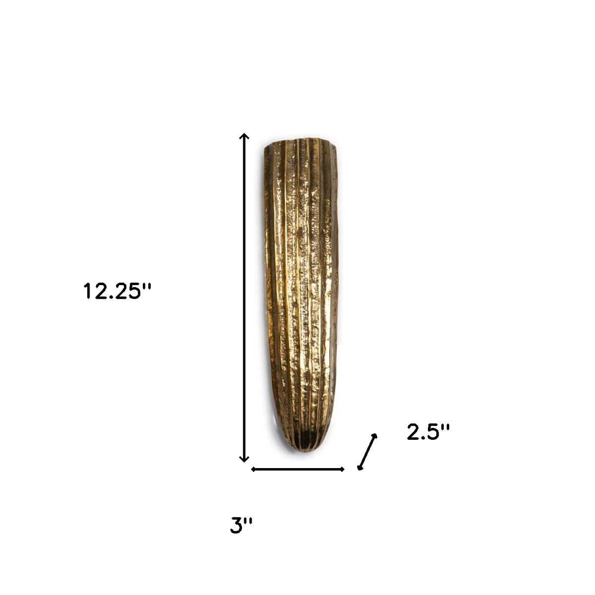 HomeRoots 12.25" Antiqued Gold Ribbed Aluminum Wall Vase