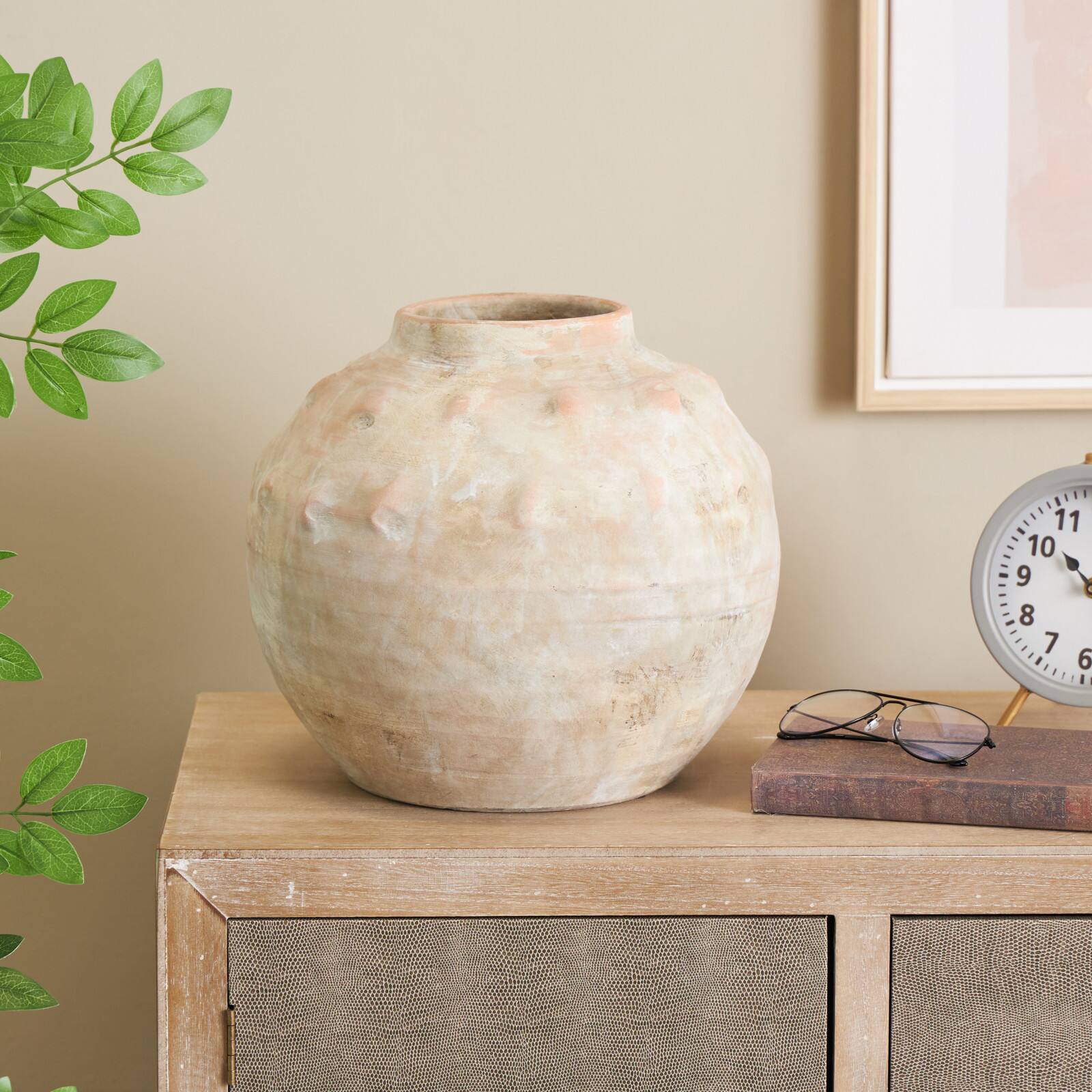 12" Beige & White with Pink Shade Antique Short Wide Ceramic Decorative Vase