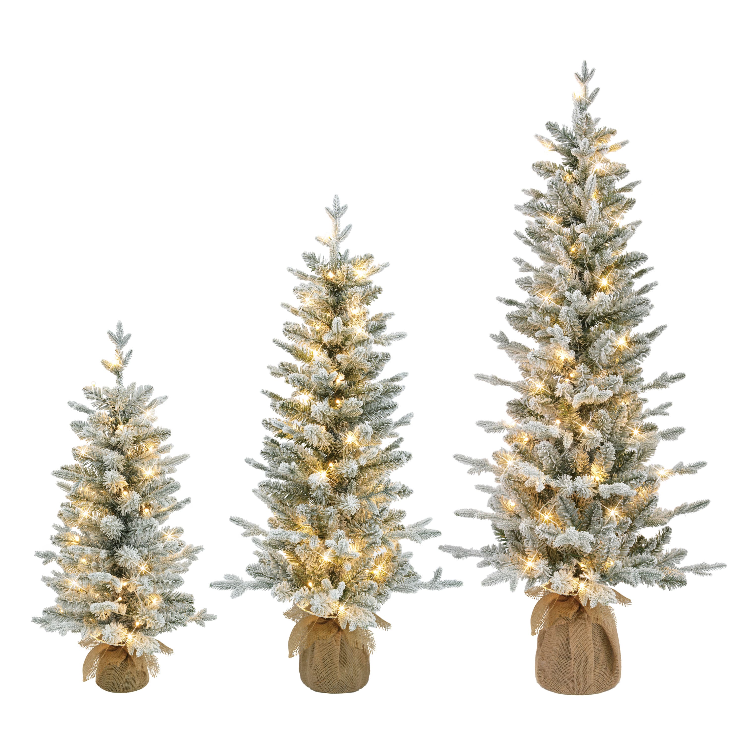Pre-Lit Flocked Spruce Artificial Christmas Trees with Burlap Base Set, Warm White LED Lights