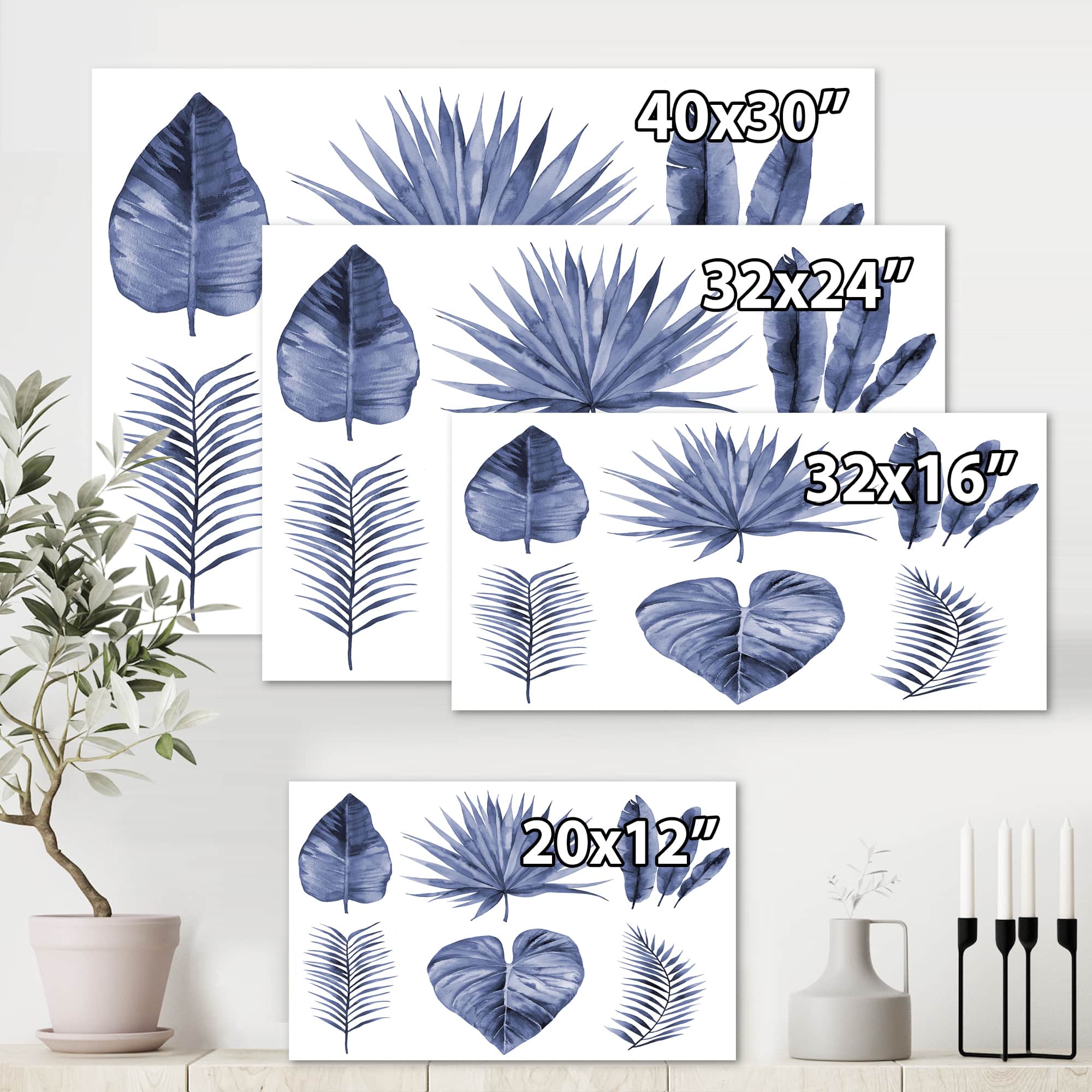 Designart - Tropical Blue Watercolour Leaves IV - Traditional Canvas Wall Art Print