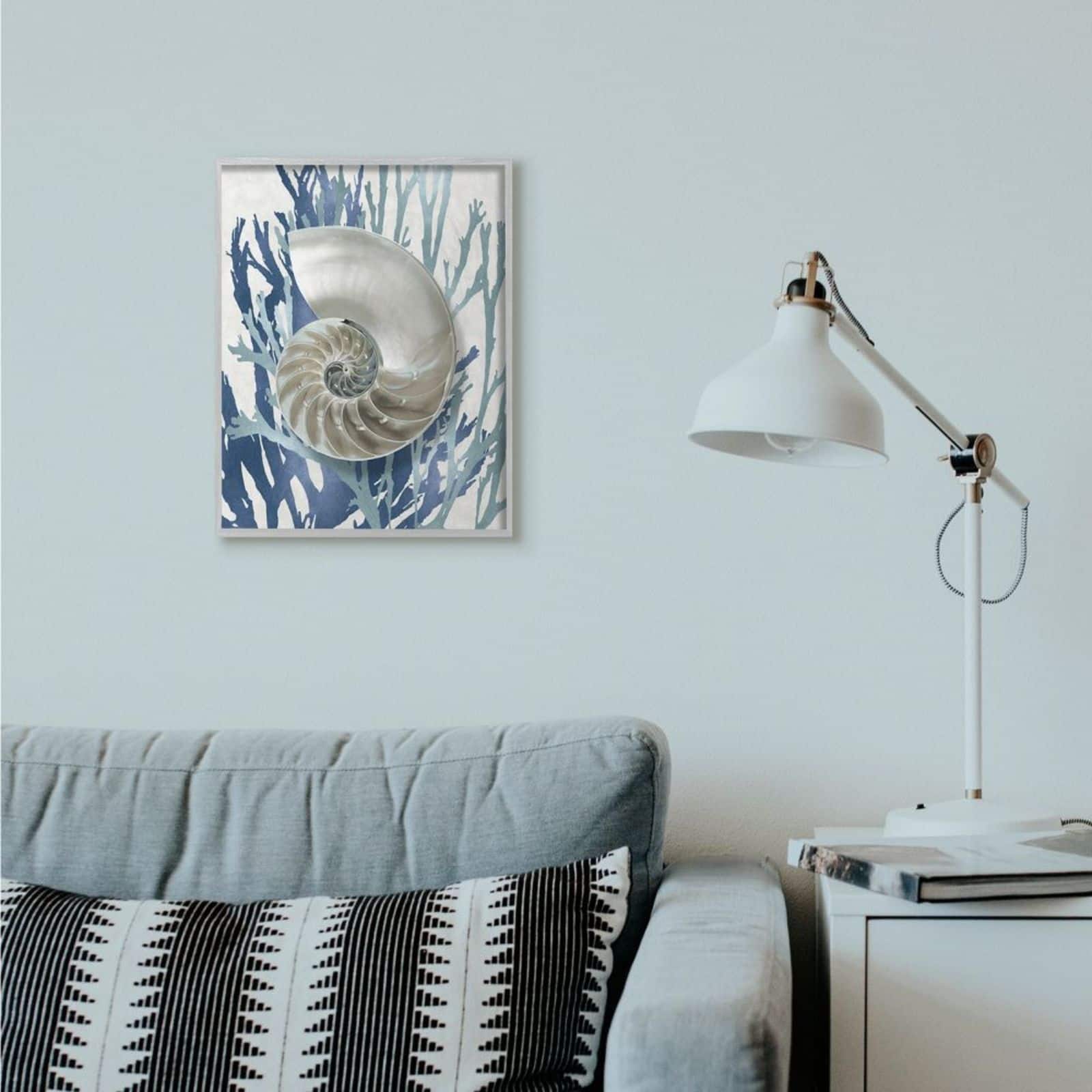 Stupell Industries Shell Coral Beach Blue Design Framed Wall Art