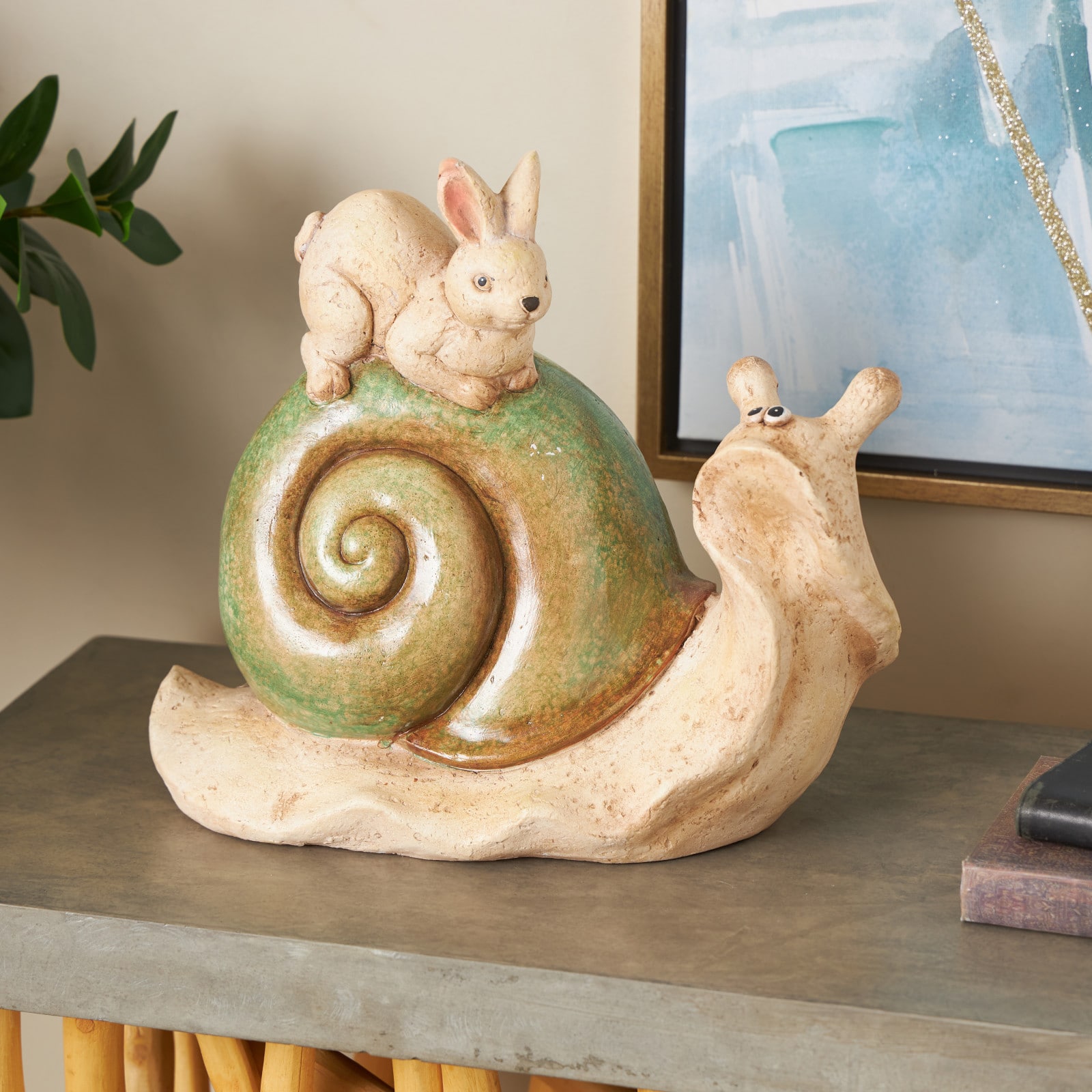 11.75" Cream & Green Magnesium Oxide Snail Garden Sculpture with Rabbit
