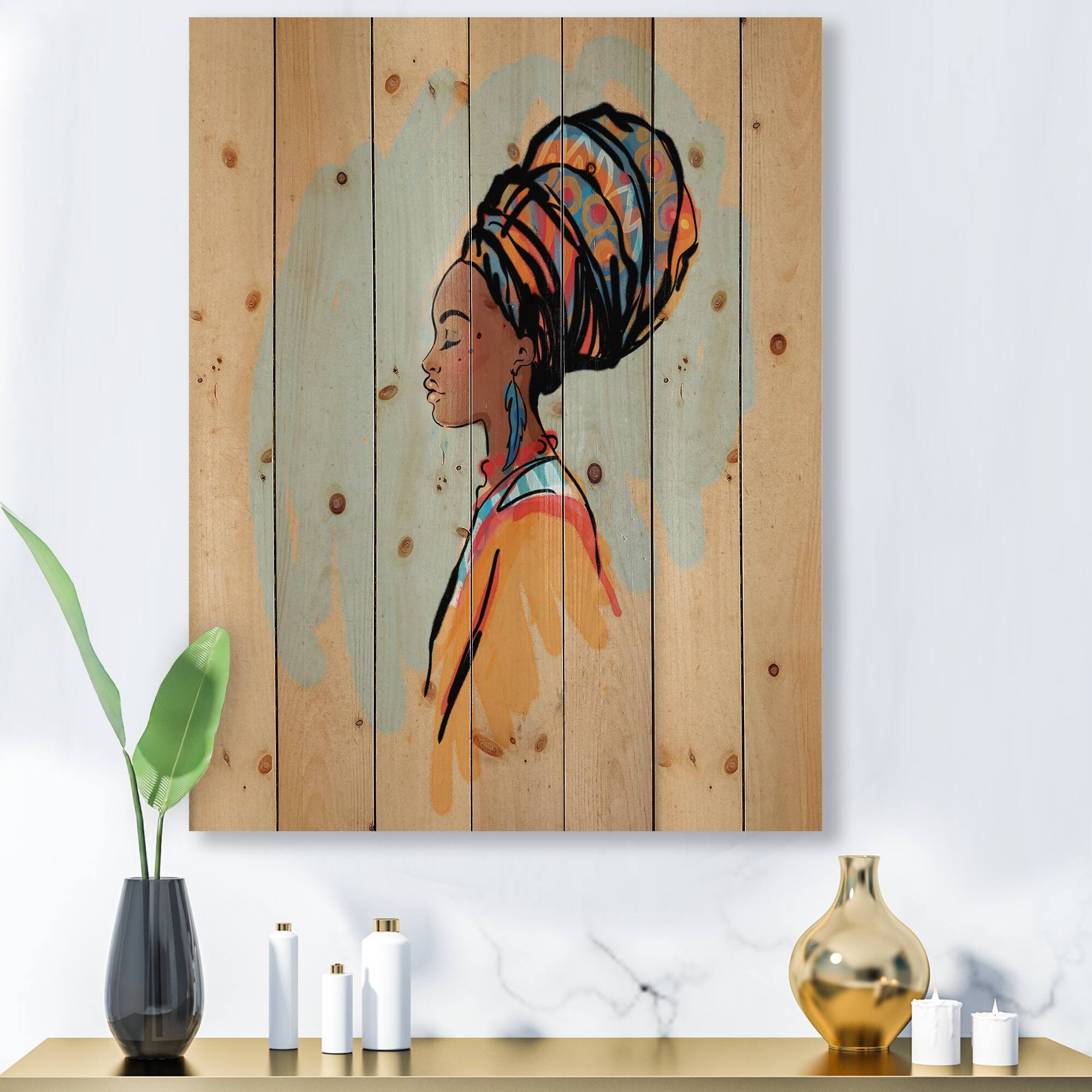 Designart - Portrait of Afro American Woman With Turban II - Modern Print on Natural Pine Wood