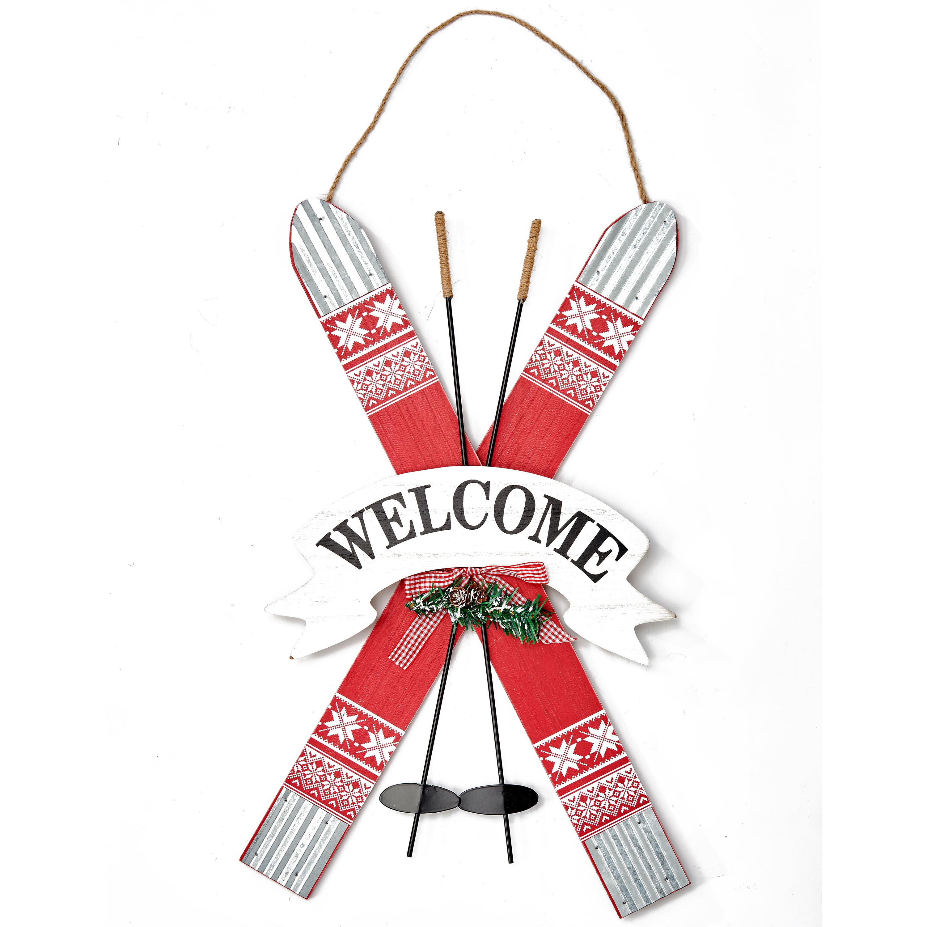 31" Christmas Wood & Tin Skis Welcome Hanging Sign