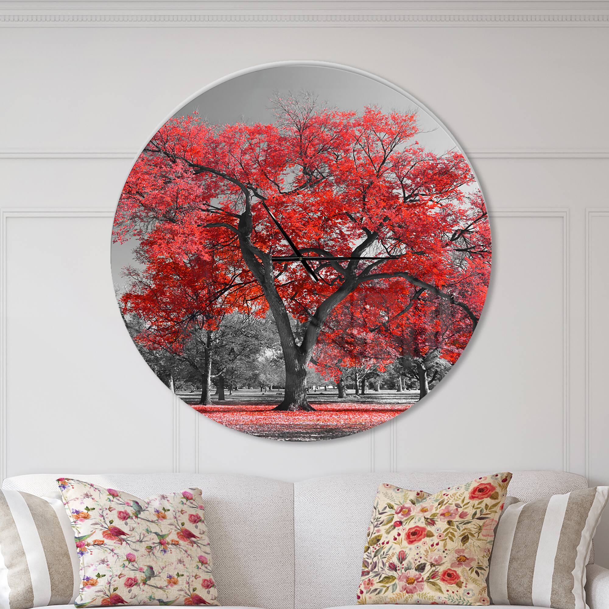 Designart Big Red Tree On Foggy Day Wall Clock