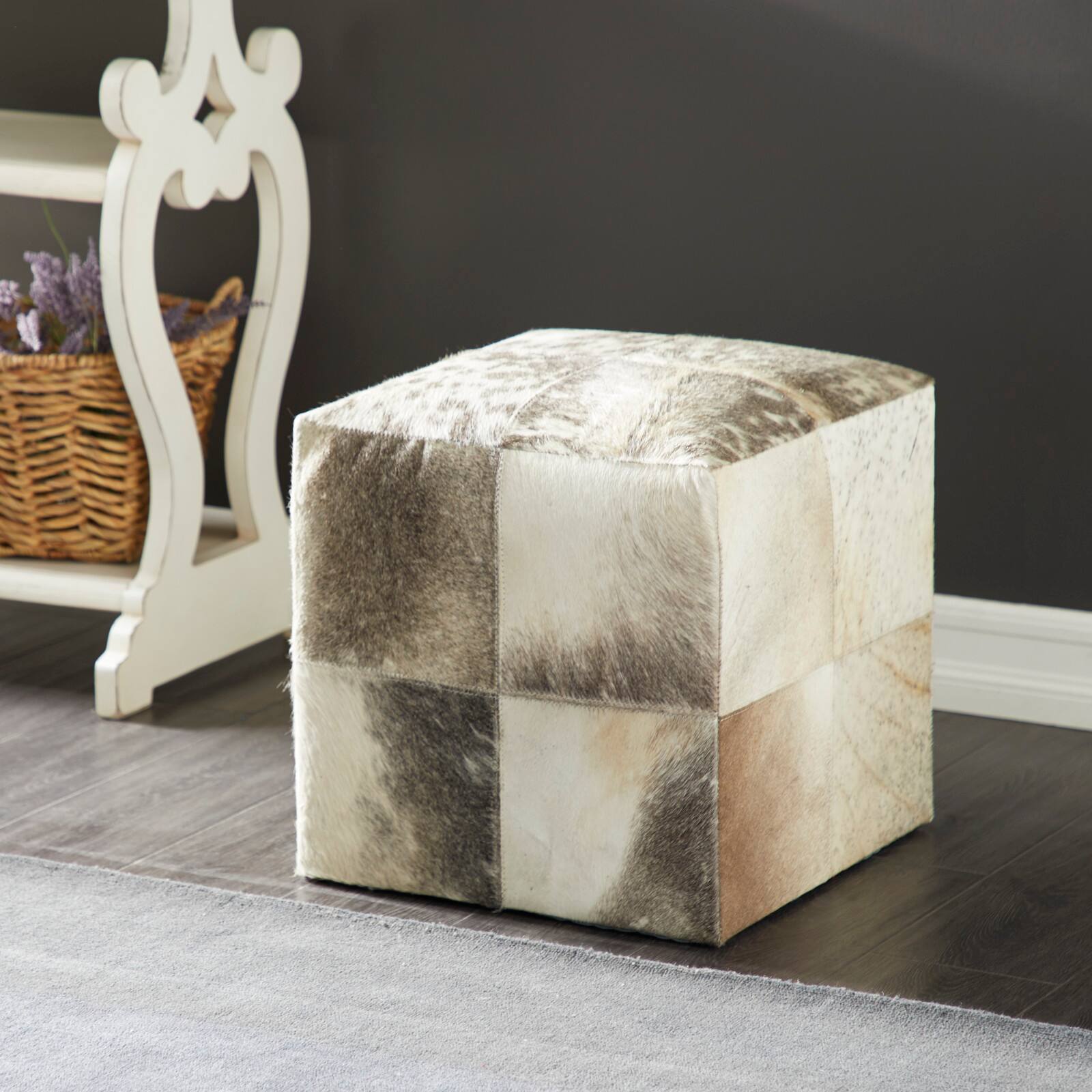 16" Gray Leather & Wood Glam Ottoman