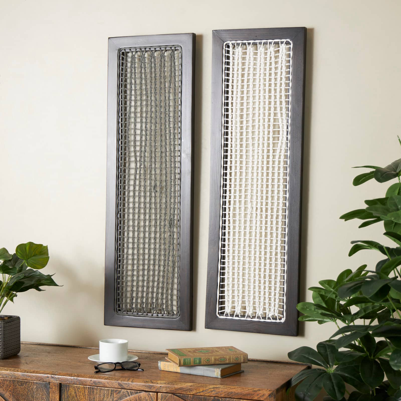 12" x 38" Dark Brown Mango Wood & Macrame Handmade Wall Décor Set