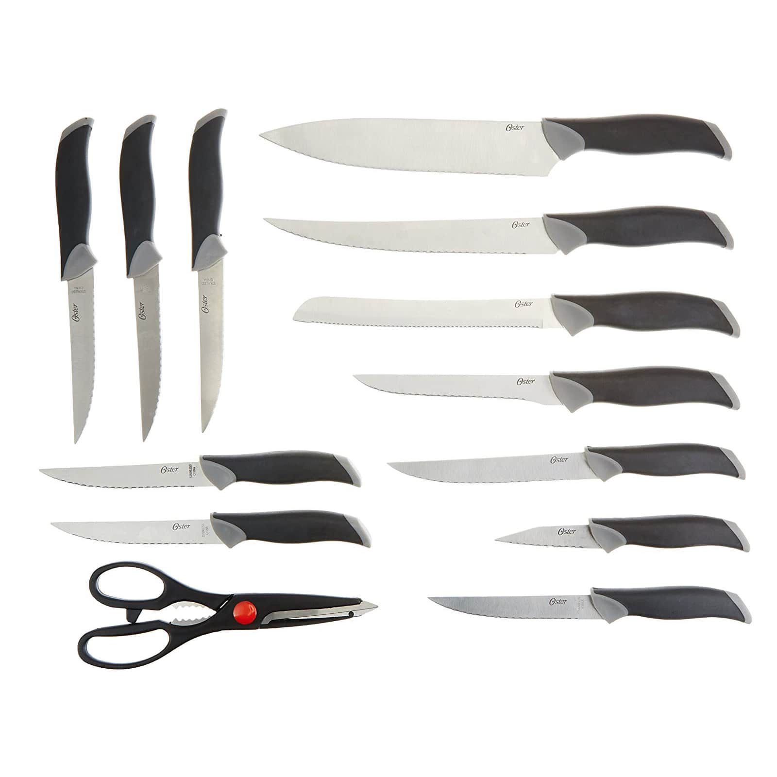 Oster Lindbergh 14 Piece Stainless Steel Cutlery Knife Set with Pine Wood Block