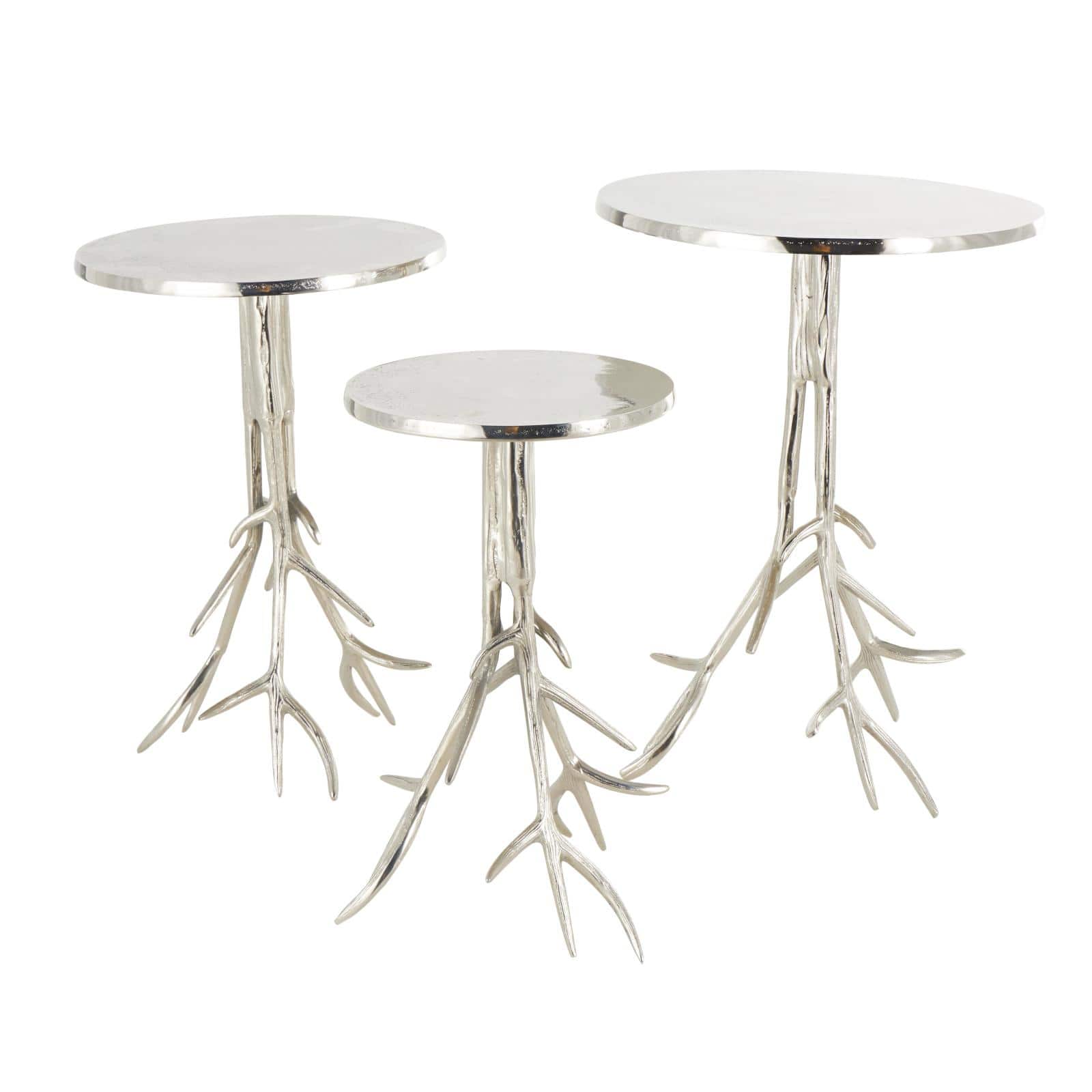 Silver Metal Side End Accent Table with Textured Tree Branch Legs Set