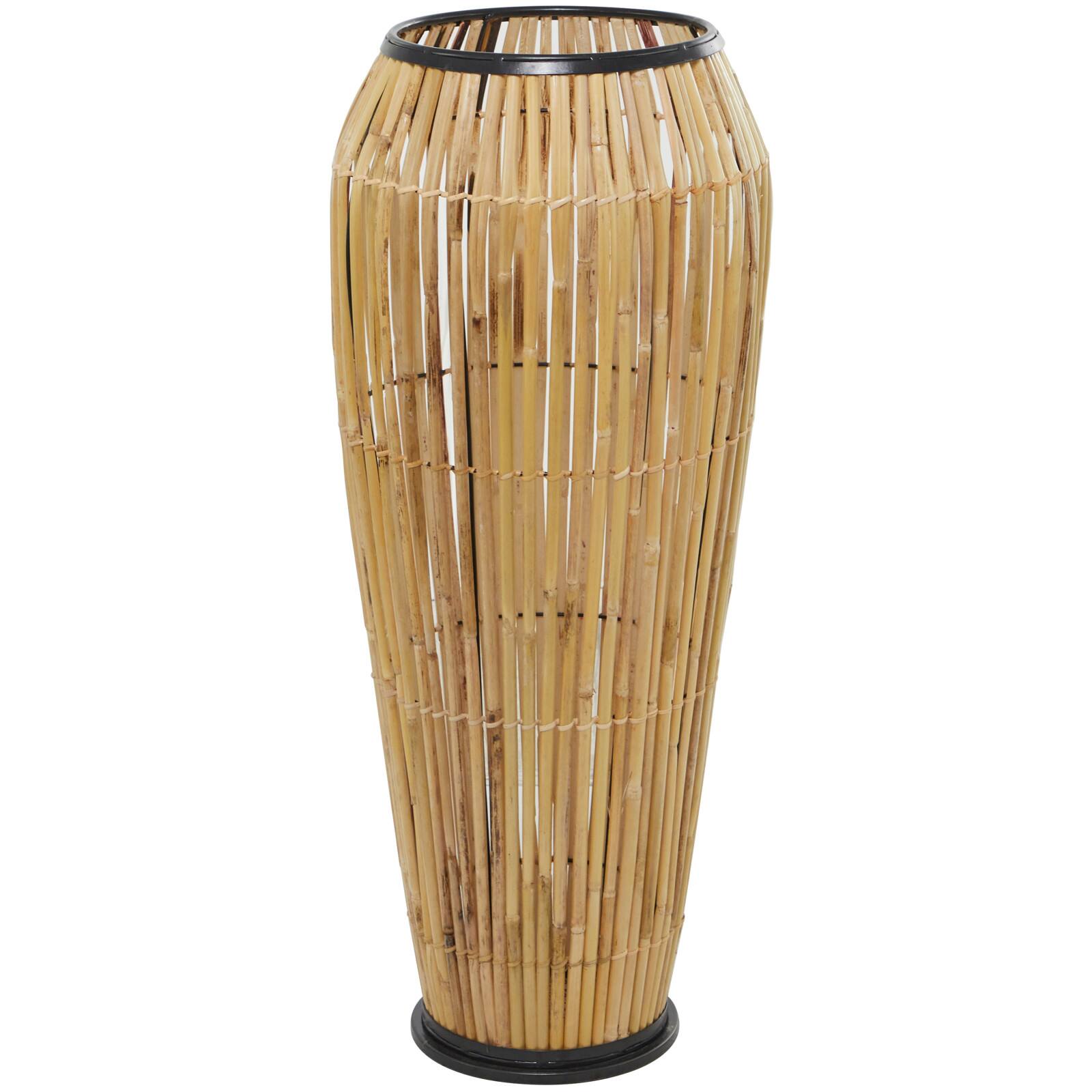 Brown Wicker Handmade Slatted Frame Vase with Black Metal Accents