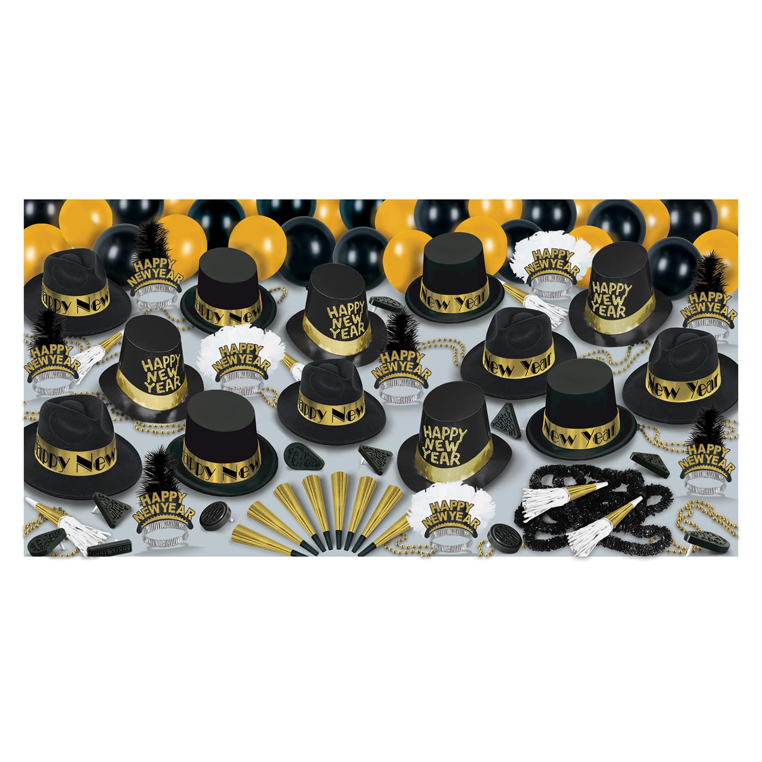 Beistle Gold, Black & White New Year Grand Deluxe Party Favor Kit for 50