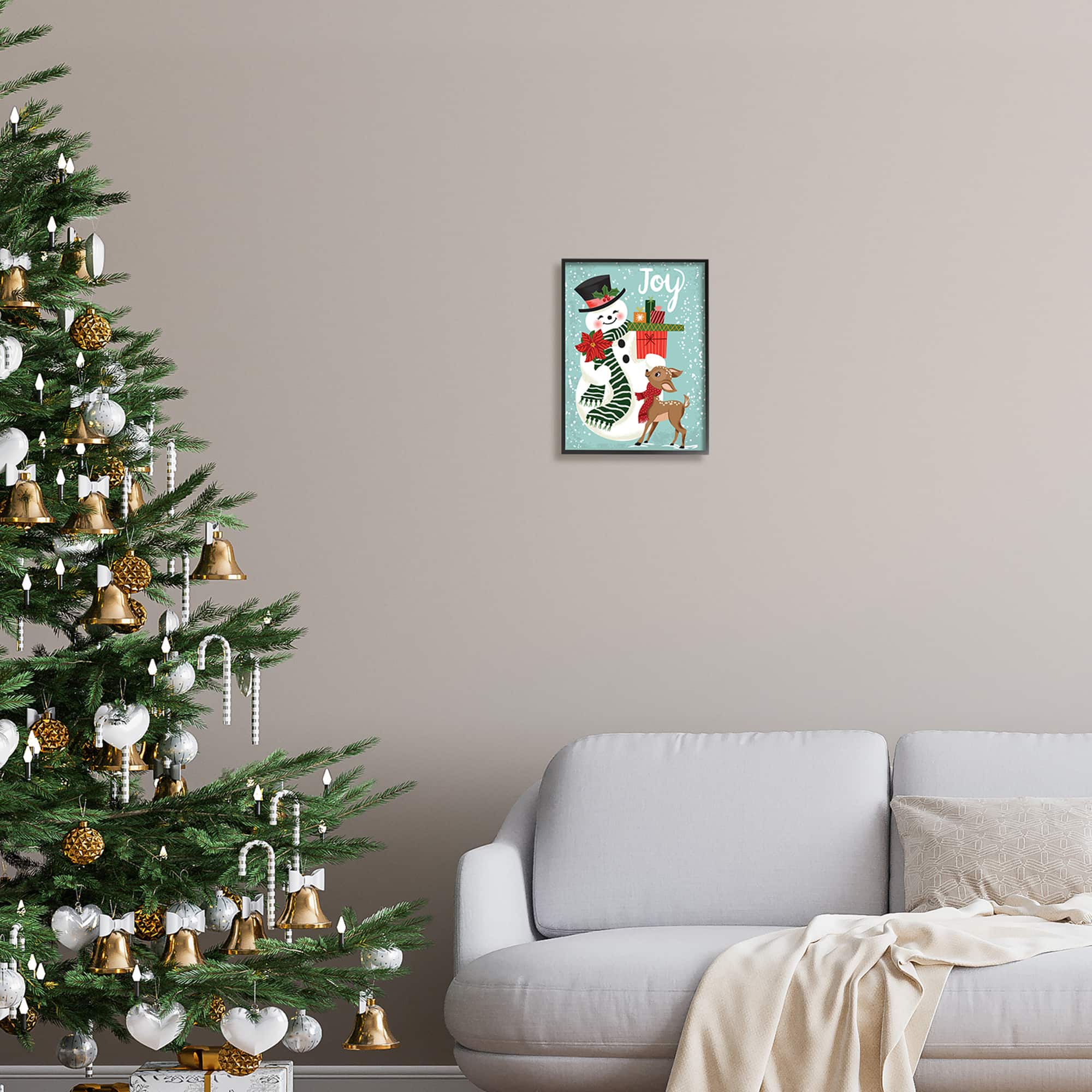 Stupell Industries Joy Smiling Snowman Holiday Deer Framed Giclee Art