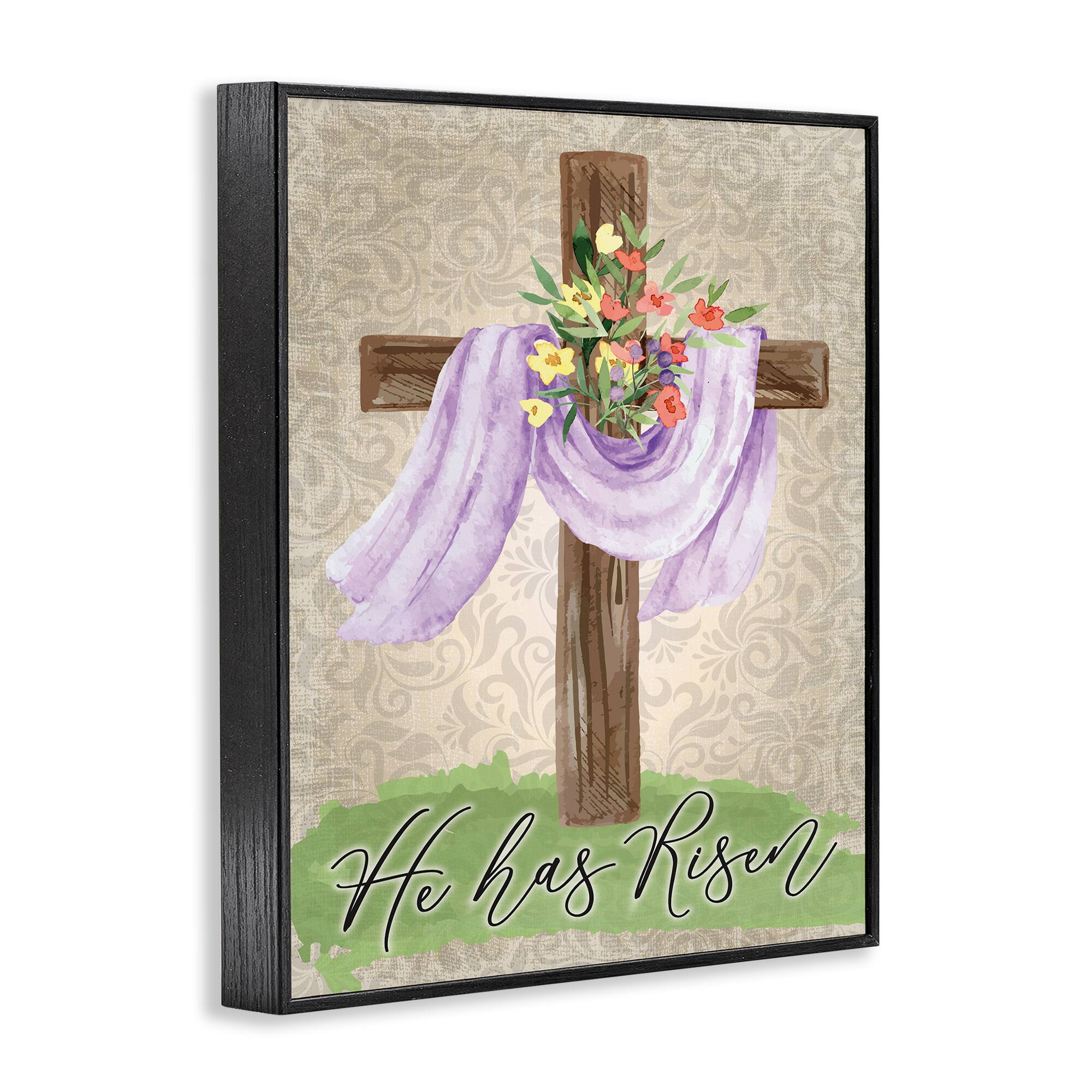 Stupell Industries He Has Risen Spring Floral Cross Brown Damask Pattern Framed Giclee Art