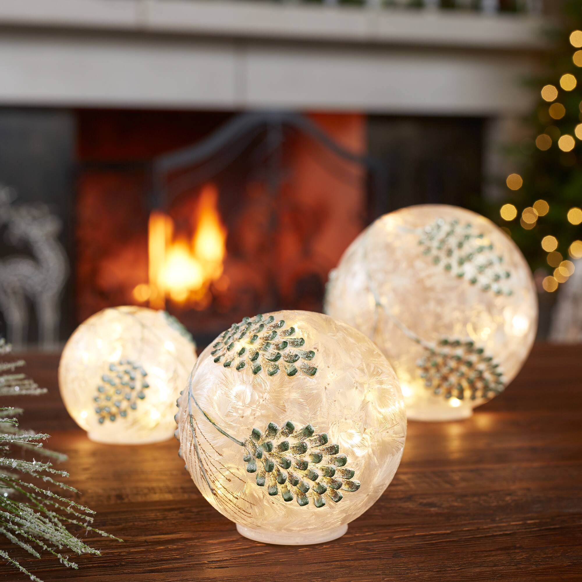 Melrose White LED Frosted Silver Pinecone Orb Set