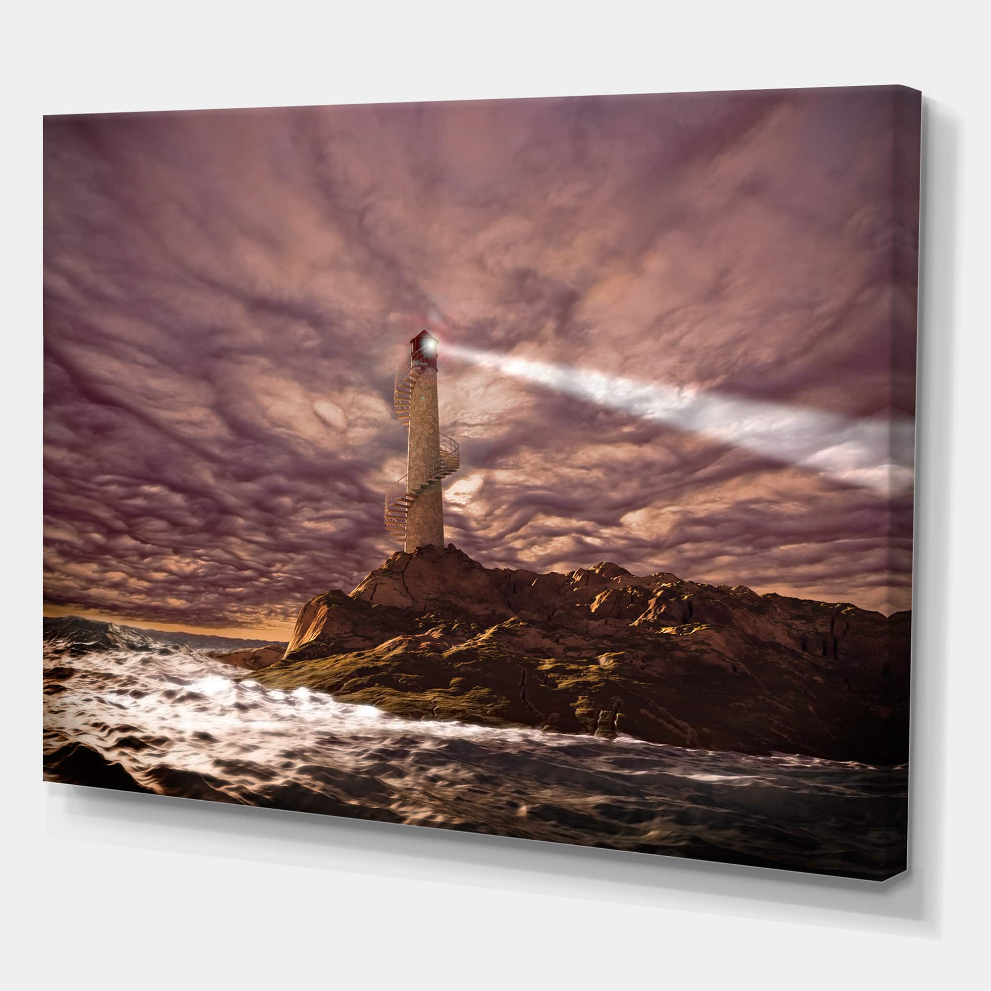 Designart - Lighthouse Shining Light During Stormy Night I