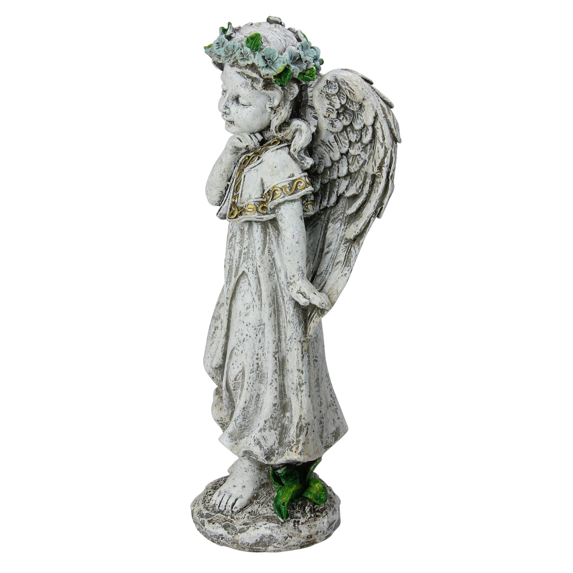 10" Gray Angel Girl with Floral Crown Garden Statue
