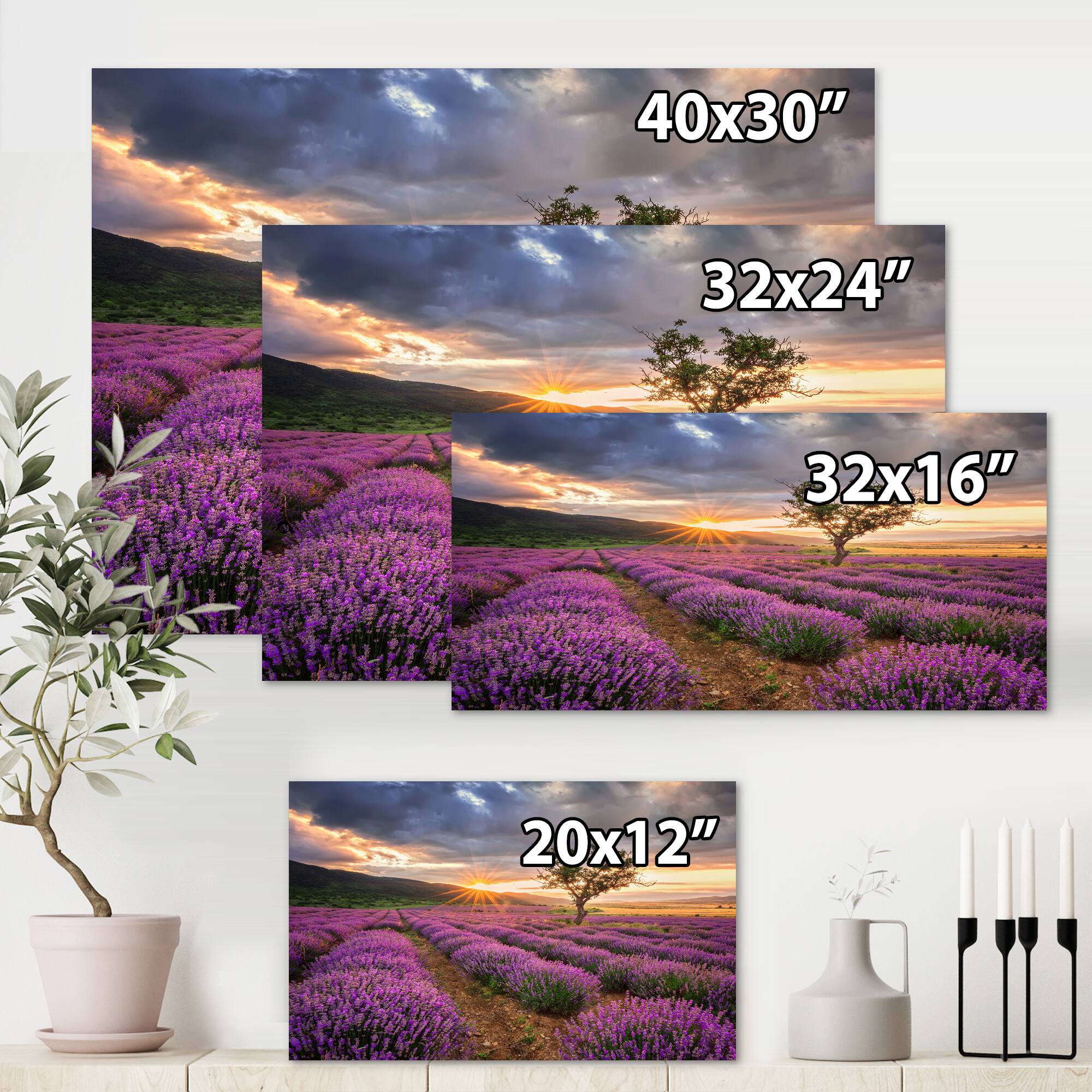 Designart - Sunrise & Dramatic Clouds Over Lavender Field VIII - Farmhouse Canvas Wall Art Print
