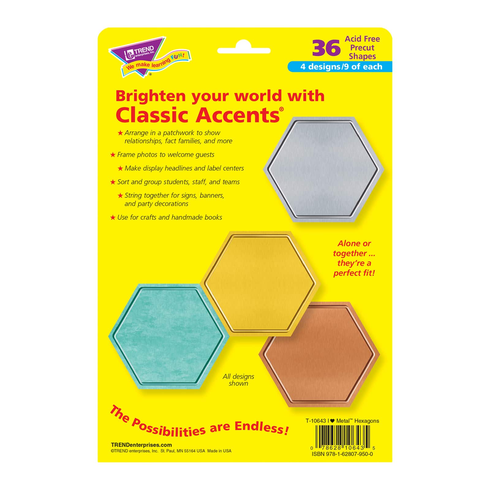 Trend Enterprises® I Heart Metal Hexagons Classic Accents® Variety Pack, 3 Packs of 36