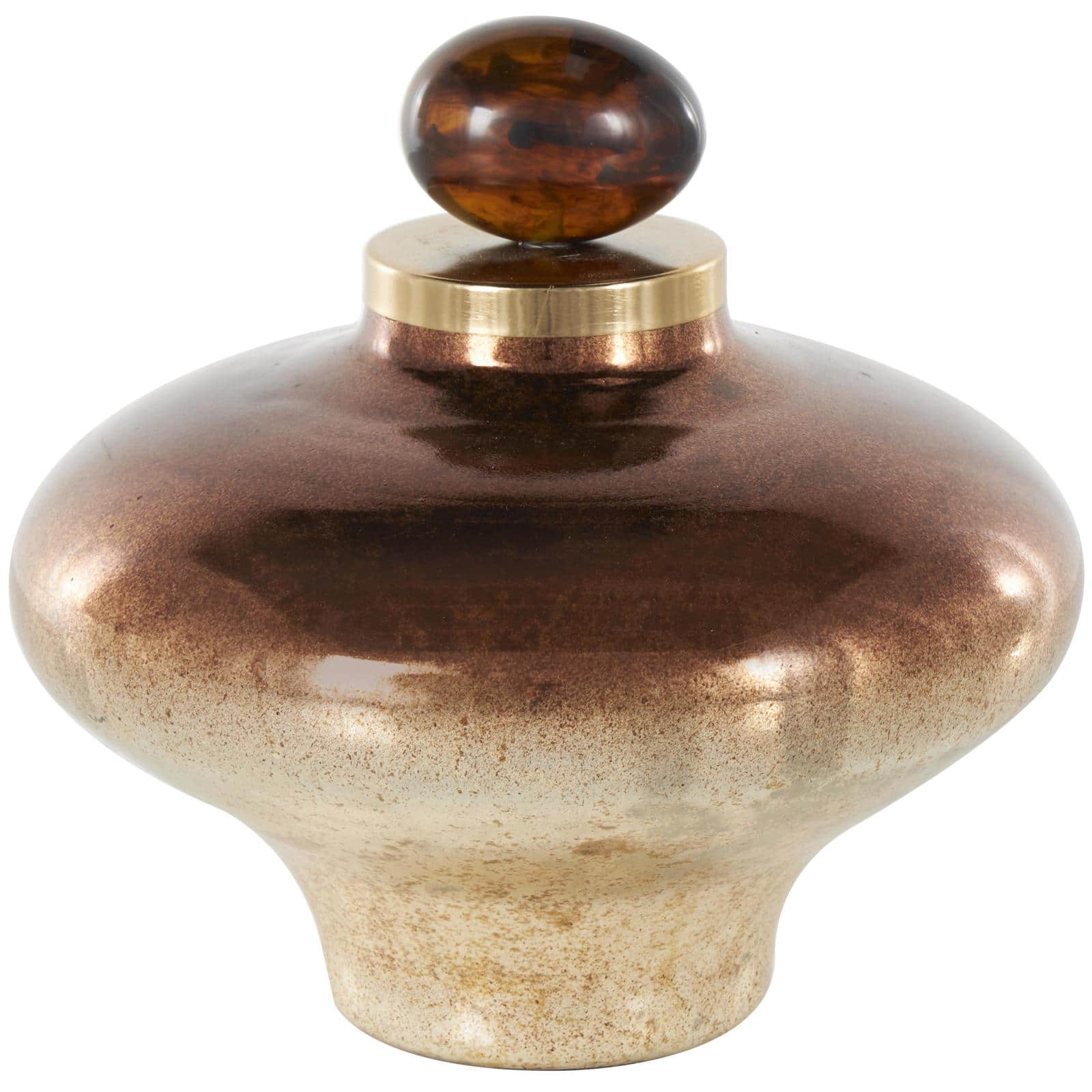 8.75" Beige, Gold & Copper Glass Wide Speckled Ombre Decorative Jar with Oval Top Knob